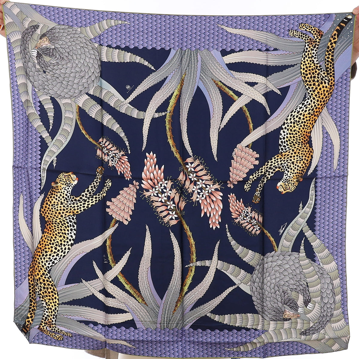 Brand New Bellezza Navy & Black Leopard Double Faced Silk Scarf