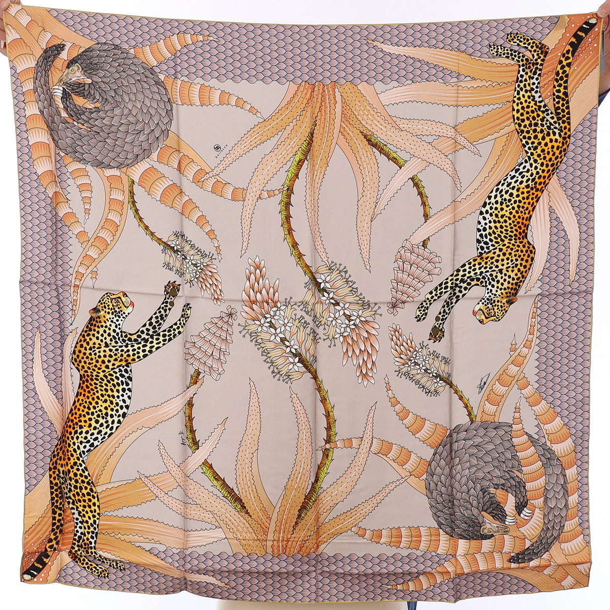 Brand New Bellezza Antique Grey & Copper Leopard Double Faced Silk Scarf