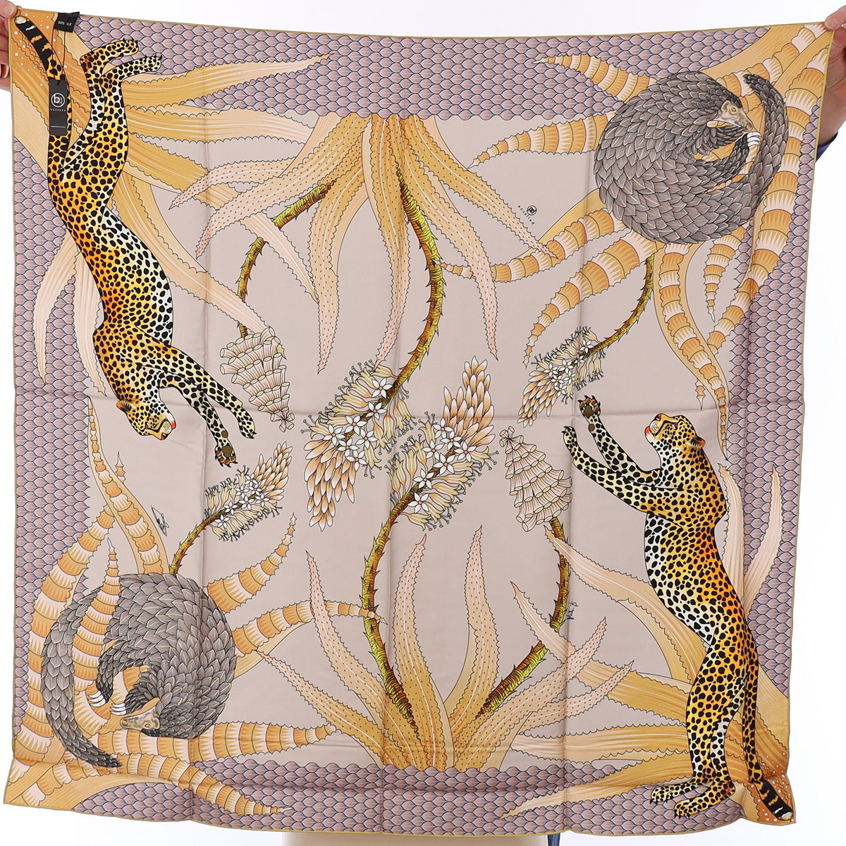 Brand New Bellezza Antique Grey & Copper Leopard Double Faced Silk Scarf