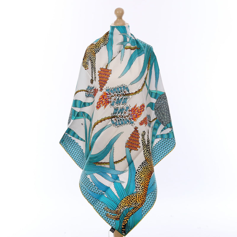Brand New Bellezza Ivory & Blue Leopard Double Faced Silk Scarf