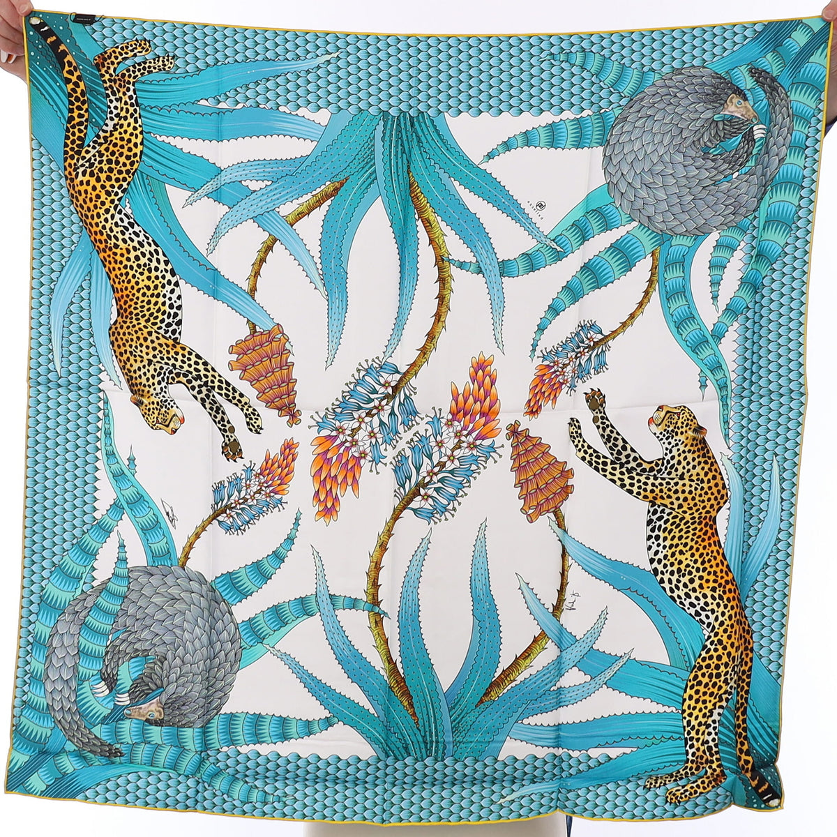 Brand New Bellezza Ivory & Blue Leopard Double Faced Silk Scarf