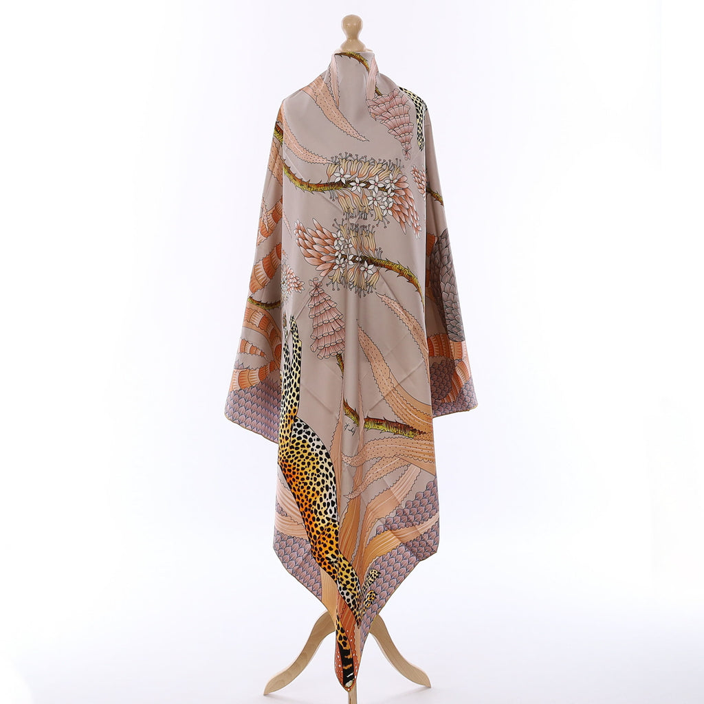Brand New Bellezza Antique Grey & Copper Leopard Double Faced Silk Scarf Extra Large