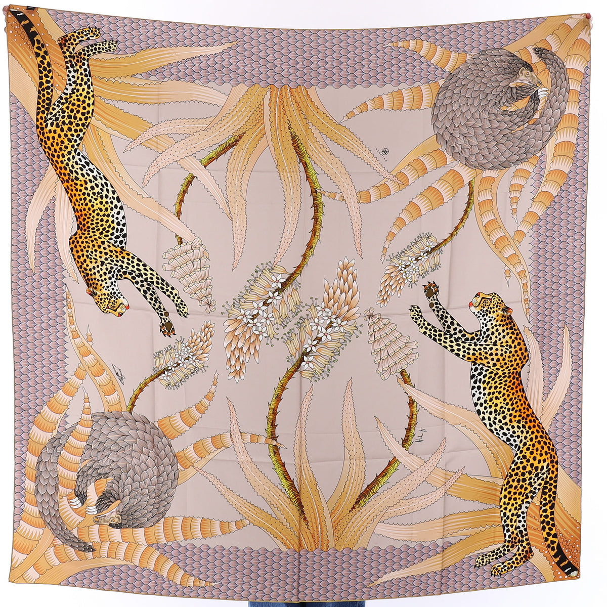 Brand New Bellezza Antique Grey & Copper Leopard Double Faced Silk Scarf Extra Large