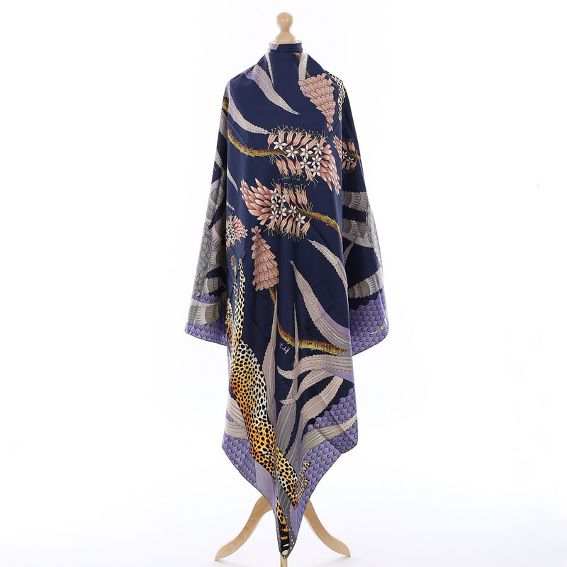 Brand New Bellezza Navy & Black Leopard Double Faced Silk Scarf Extra Large