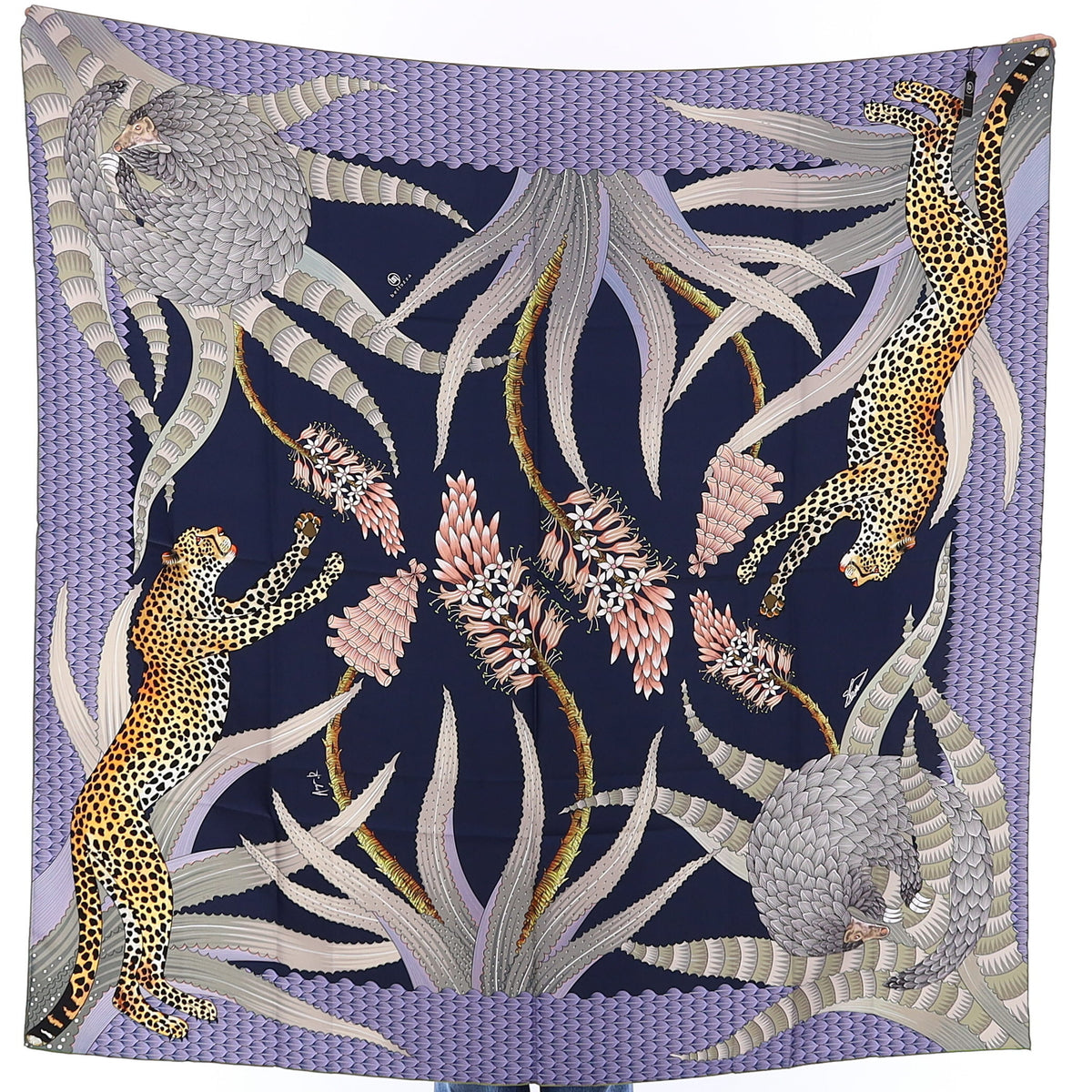 Brand New Bellezza Navy & Black Leopard Double Faced Silk Scarf Extra Large