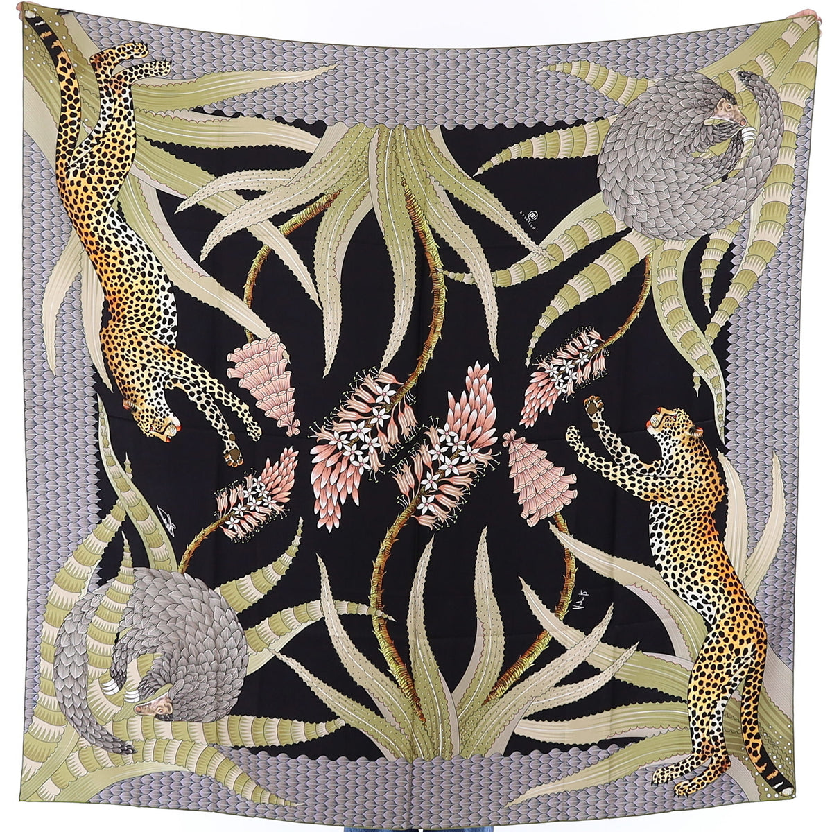 Brand New Bellezza Navy & Black Leopard Double Faced Silk Scarf Extra Large