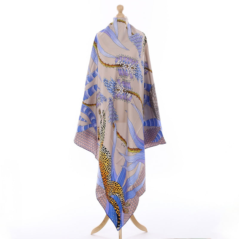 Brand New Bellezza Antique Grey & Blue Leopard Double Faced Silk Scarf Extra Large