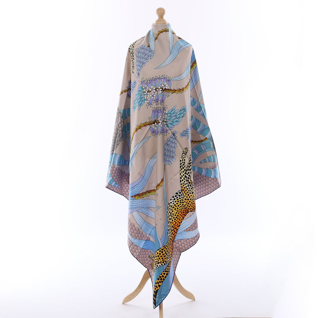 Brand New Bellezza Antique Grey & Blue Leopard Double Faced Silk Scarf Extra Large