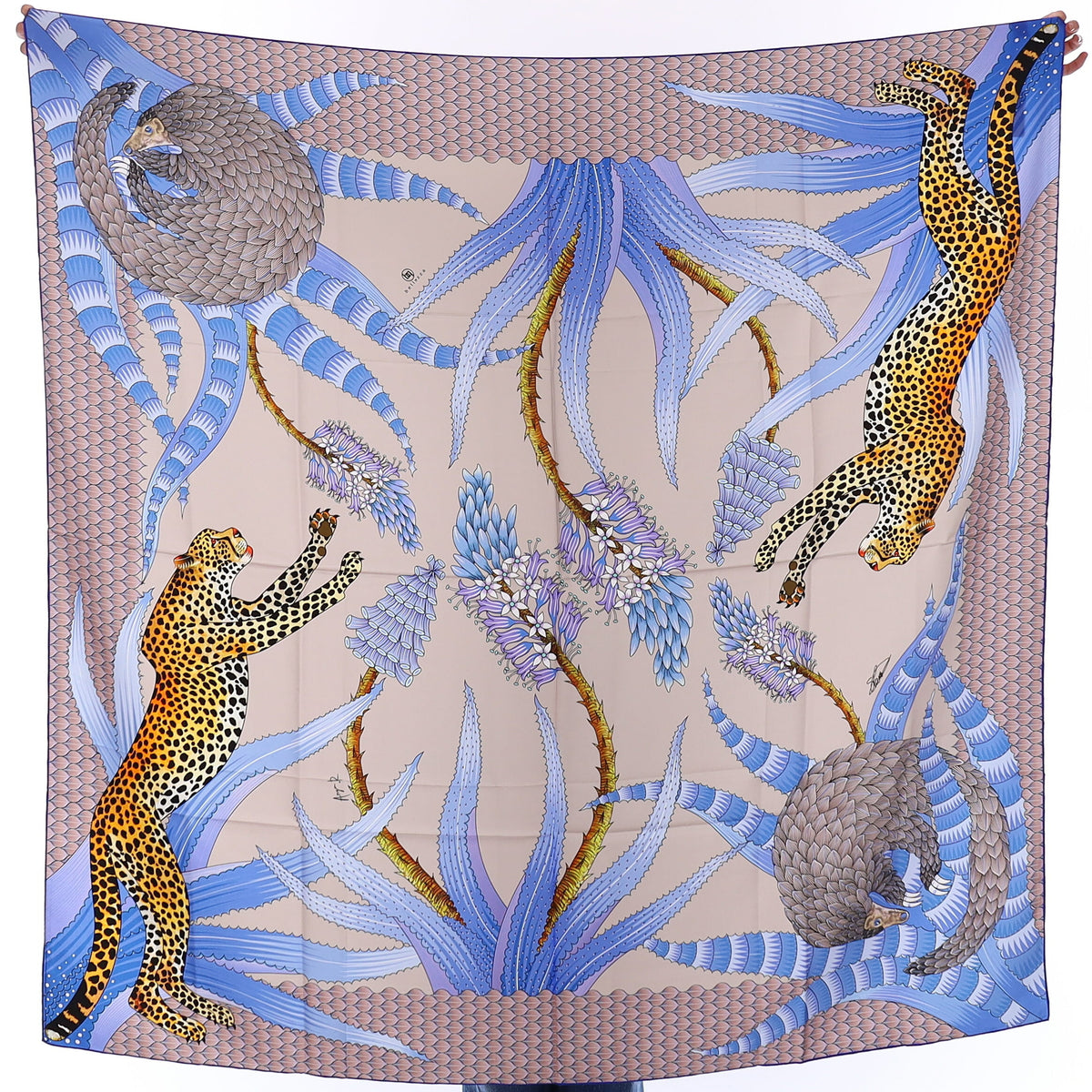 Brand New Bellezza Antique Grey & Blue Leopard Double Faced Silk Scarf Extra Large