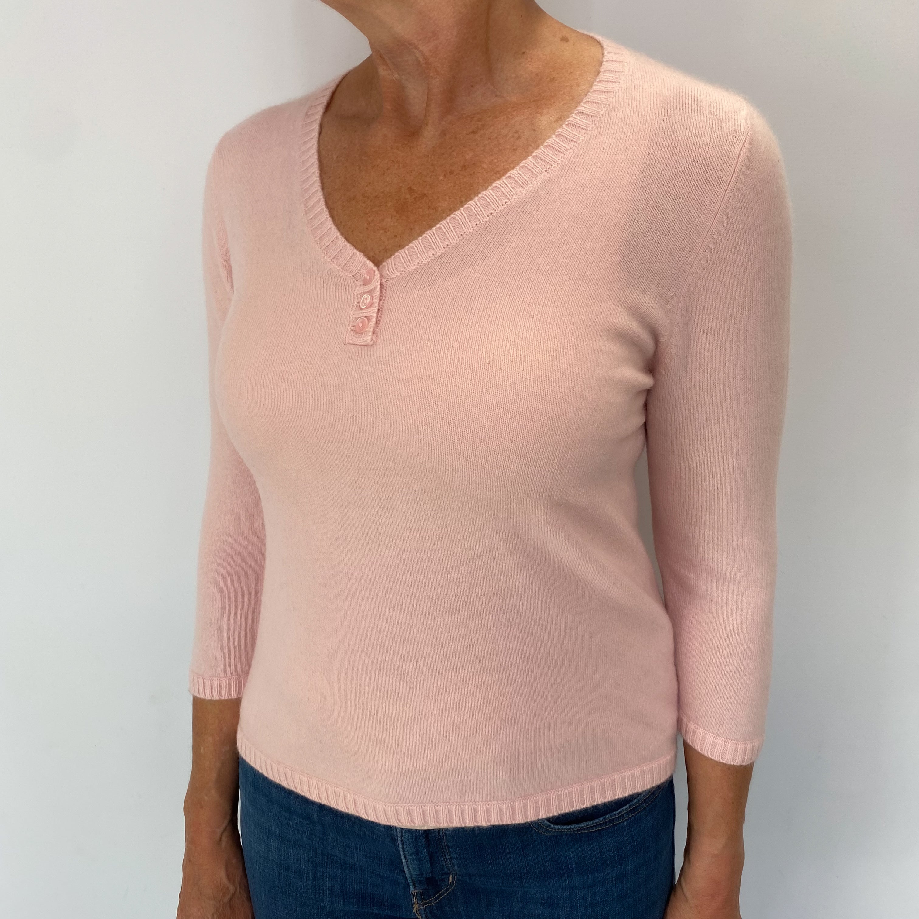 Shell Pink Cashmere Buttoned V Neck Jumper Medium