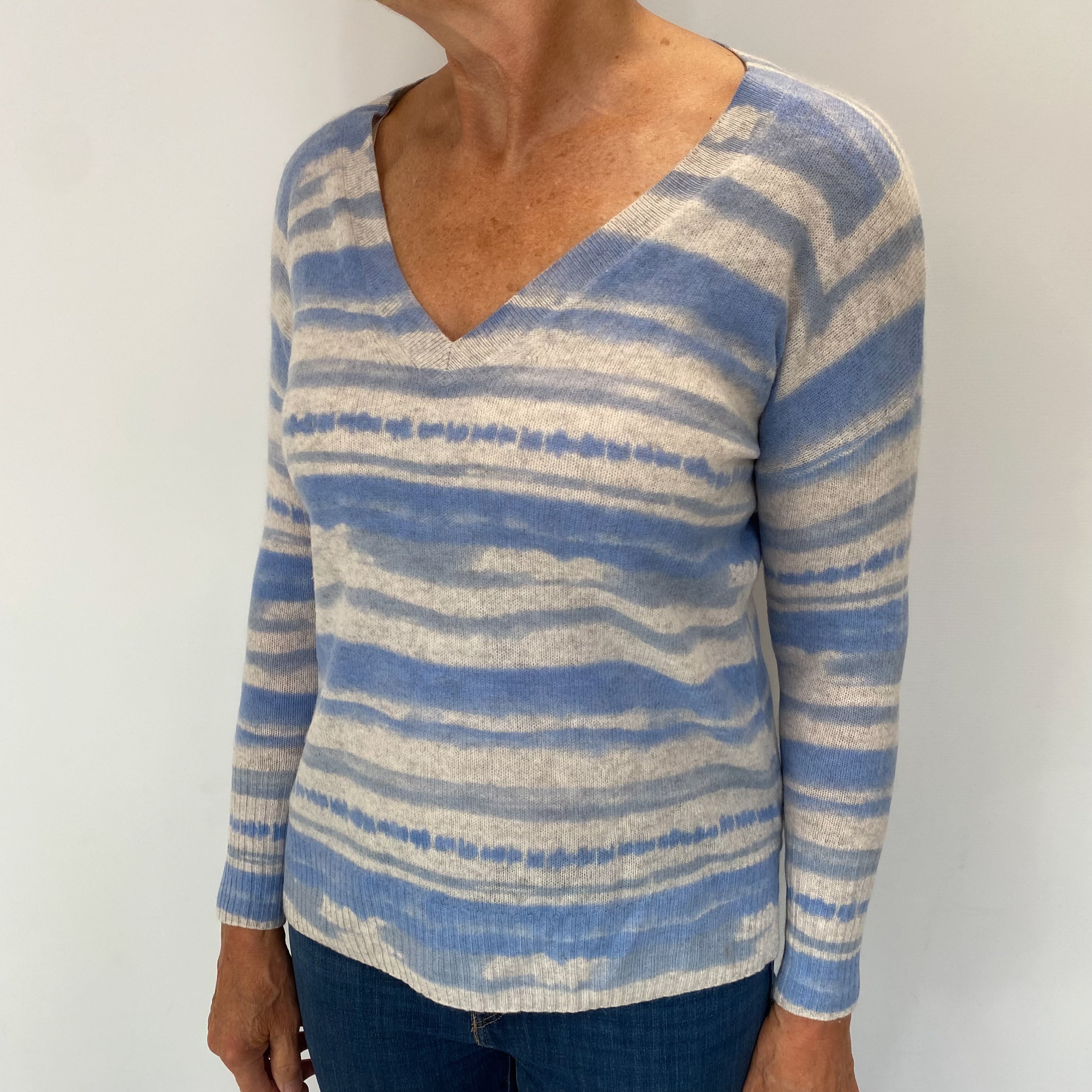 Sky Blue Striped Cashmere V Neck Jumper Medium