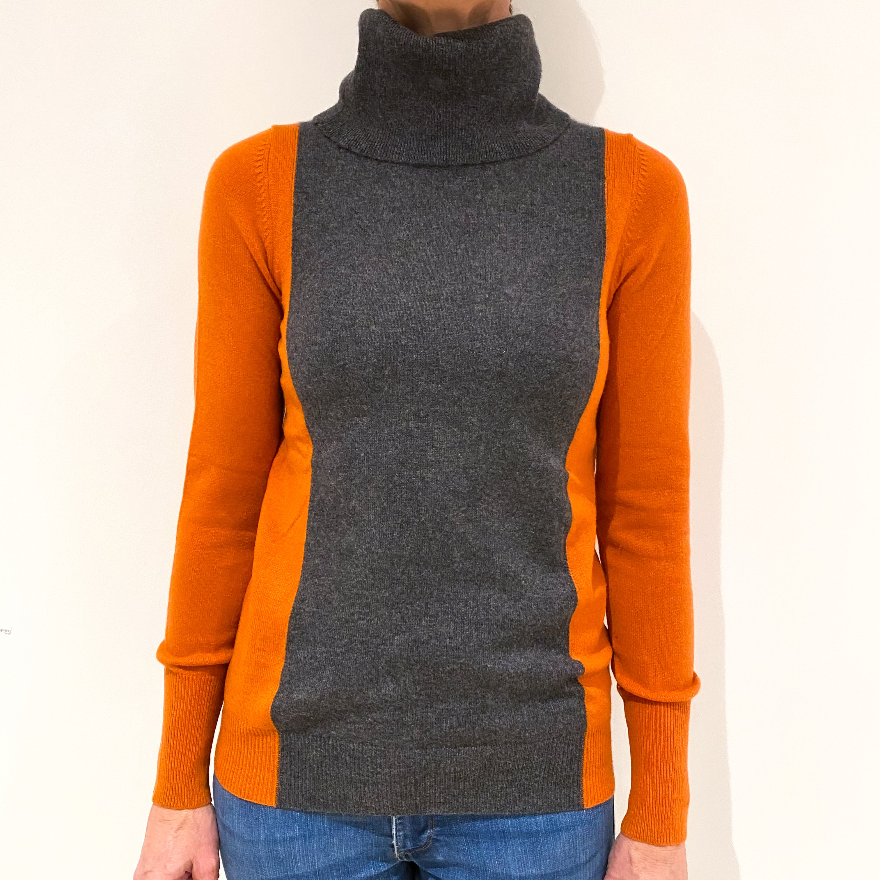 Jaeger Slate Grey and Orange Cashmere Polo Neck Jumper Small