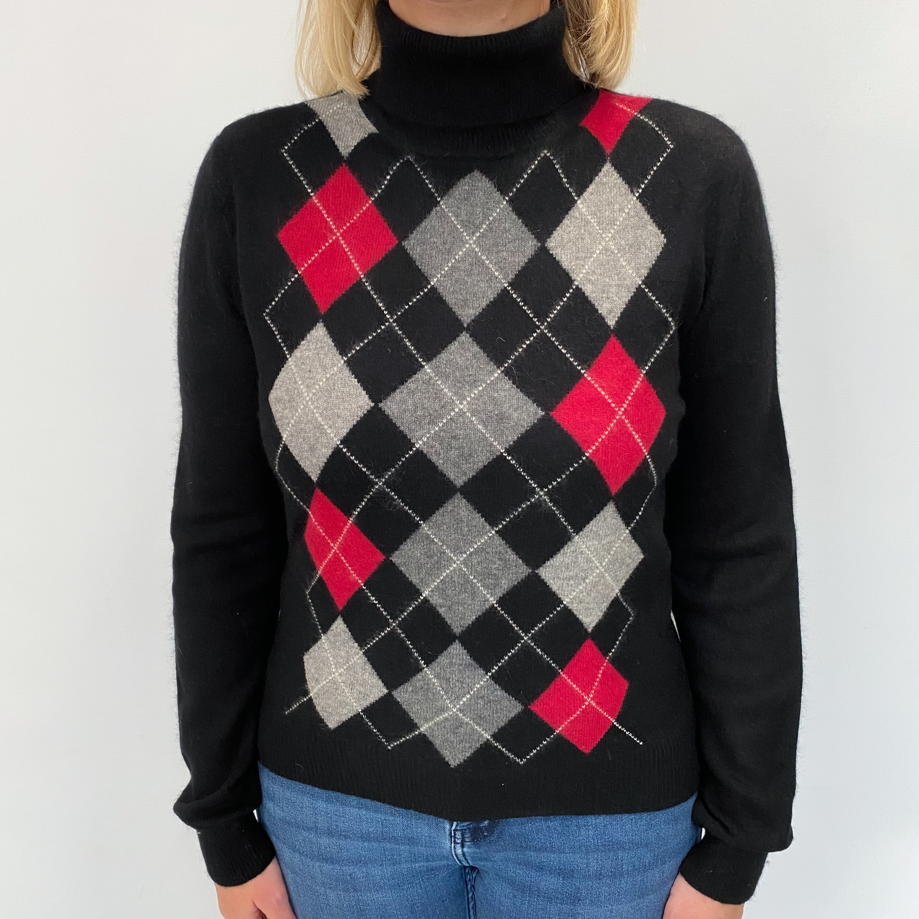 Black Argyle Cashmere Polo Neck Jumper Large