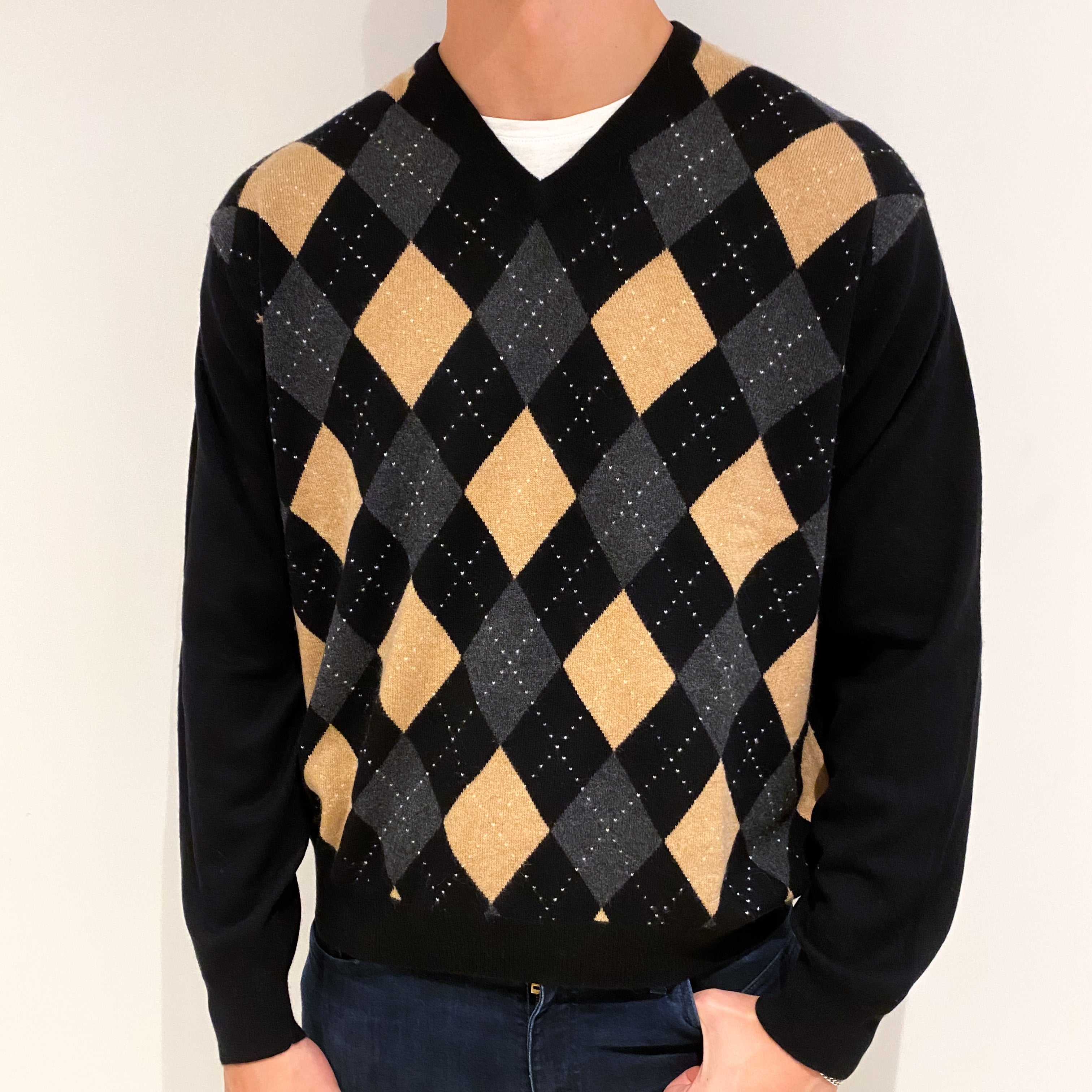 Men's Black Caramel Diamond Cashmere V-Neck Jumper Extra Extra Large