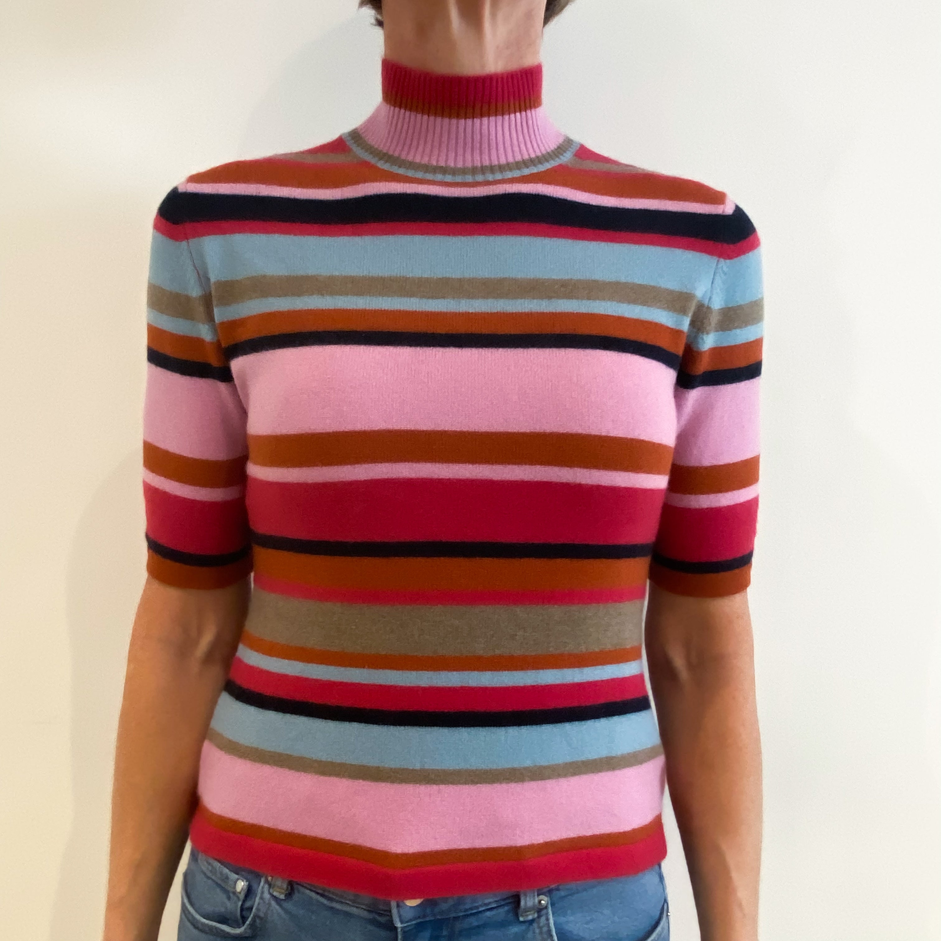 Pink Striped Cashmere Short Sleeved Turtle Neck Jumper Small