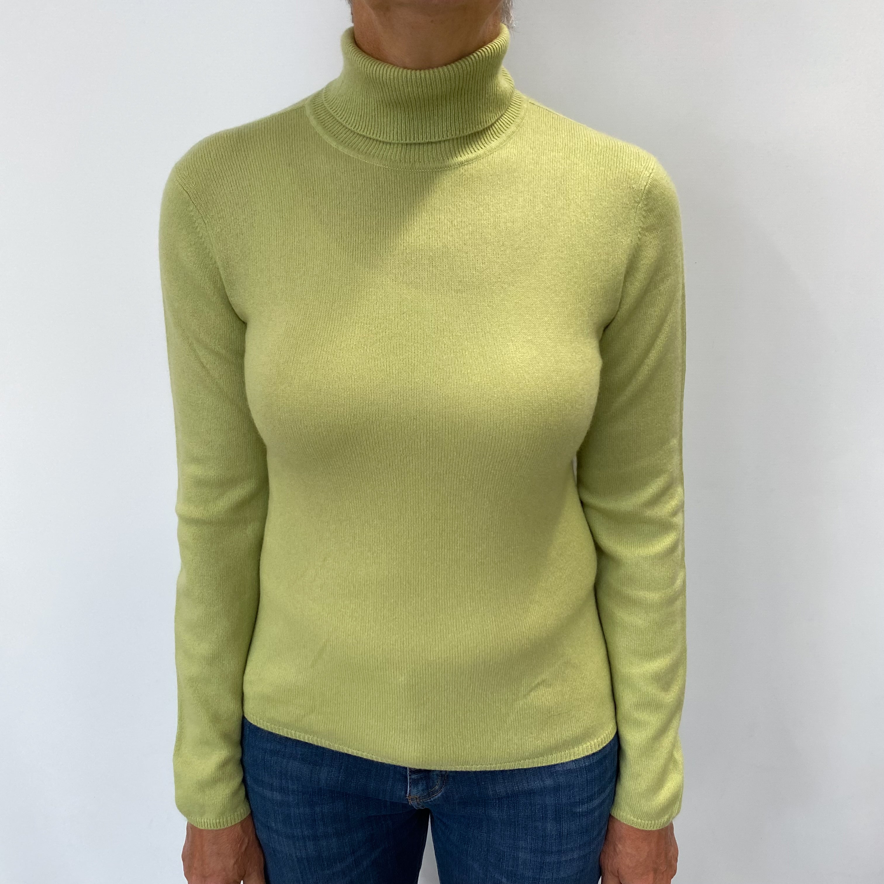 Soft Lime Green Cashmere Polo Neck Jumper Medium