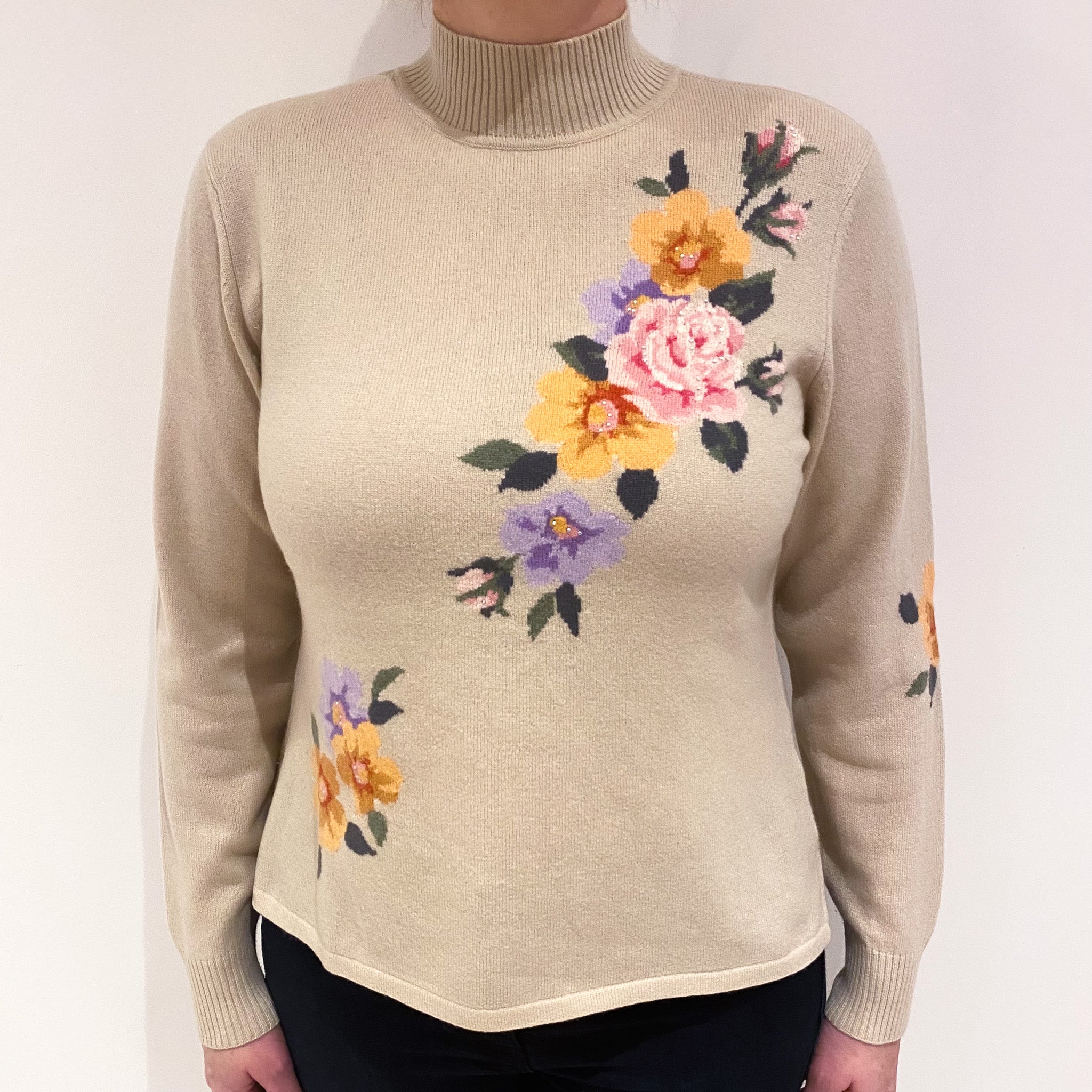 Sand Beige Floral Cashmere Turtle Neck Jumper Large