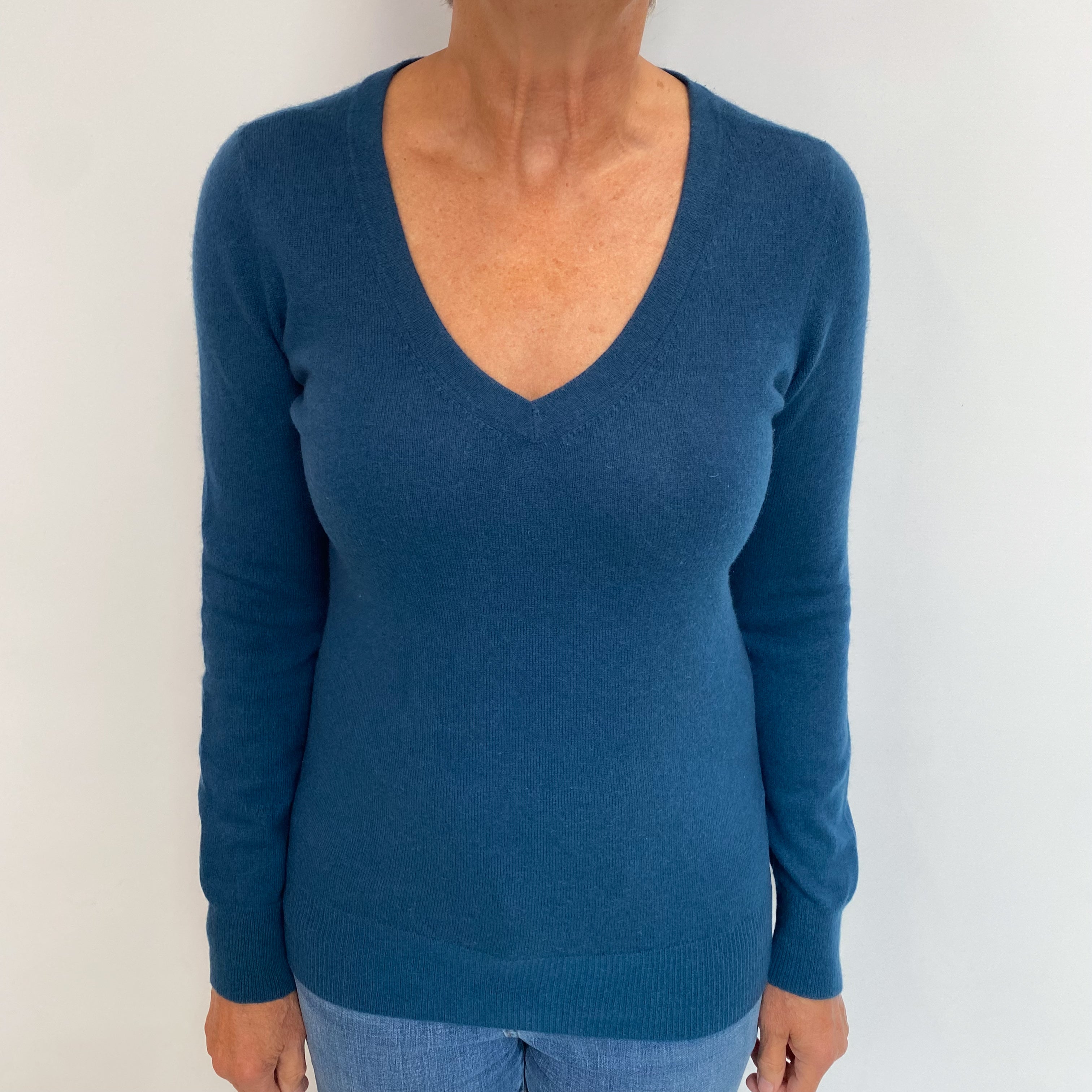 Deep Ocean Blue Cashmere V Neck Jumper Medium