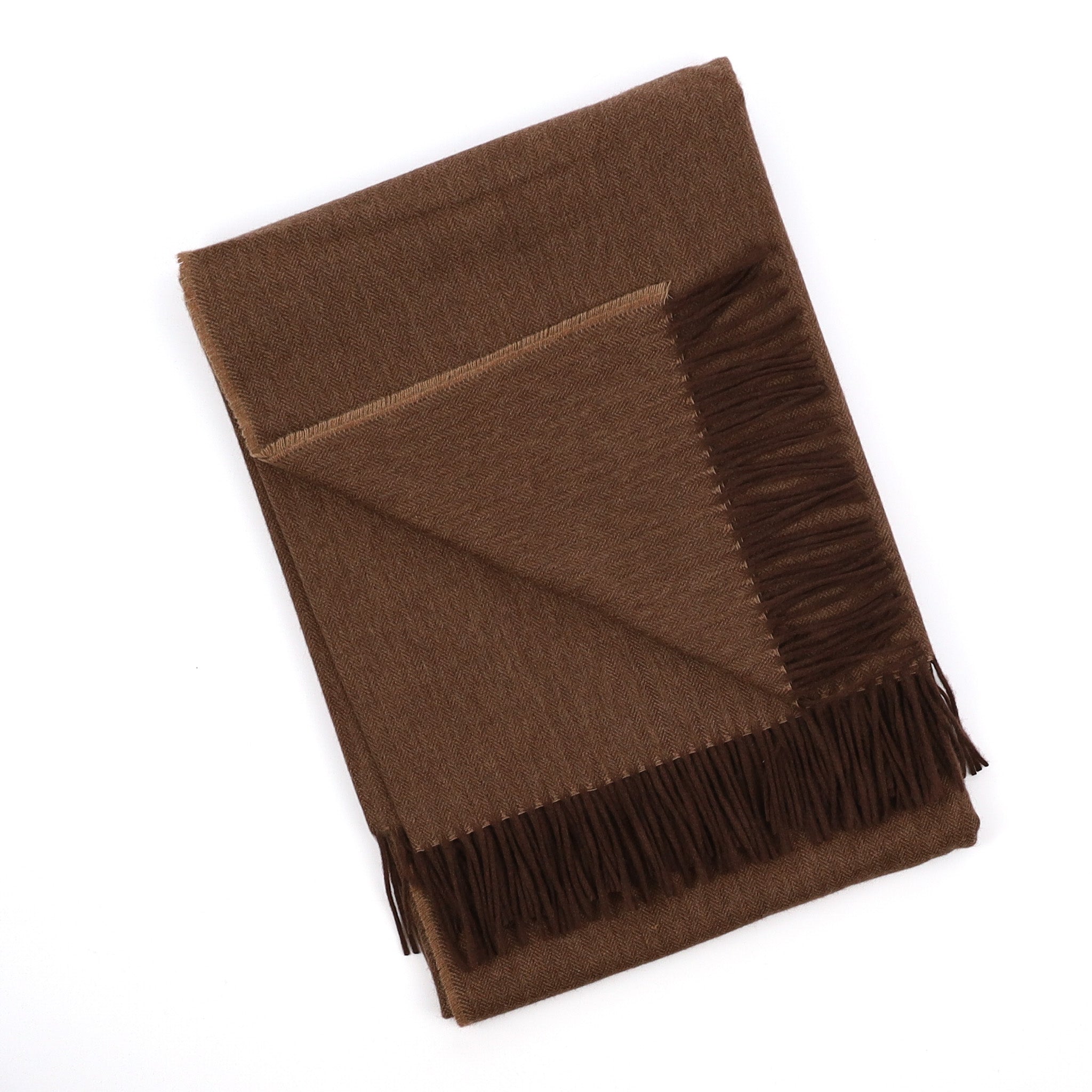 Brand New English Latte and Chocolate Herringbone Luxury Woven Cashmere Blanket
