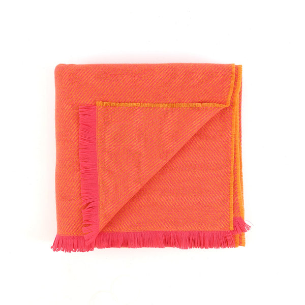 Brand New English Hot Pink and Sienna Orange Stripe Luxury Woven Cashmere Blanket