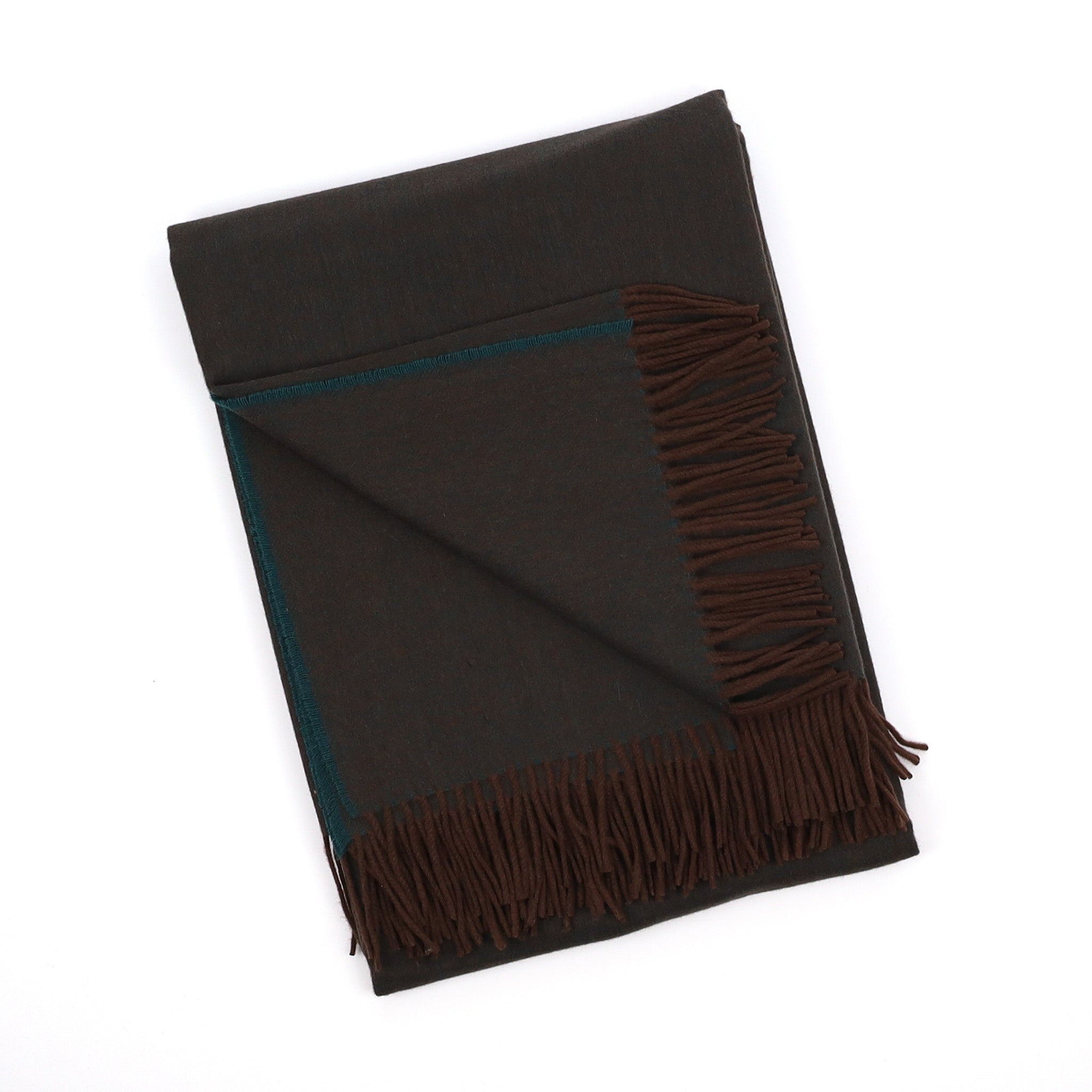 Brand New English Forest Green and Chocolate Brown Herringbone Luxury Woven Cashmere Blanket