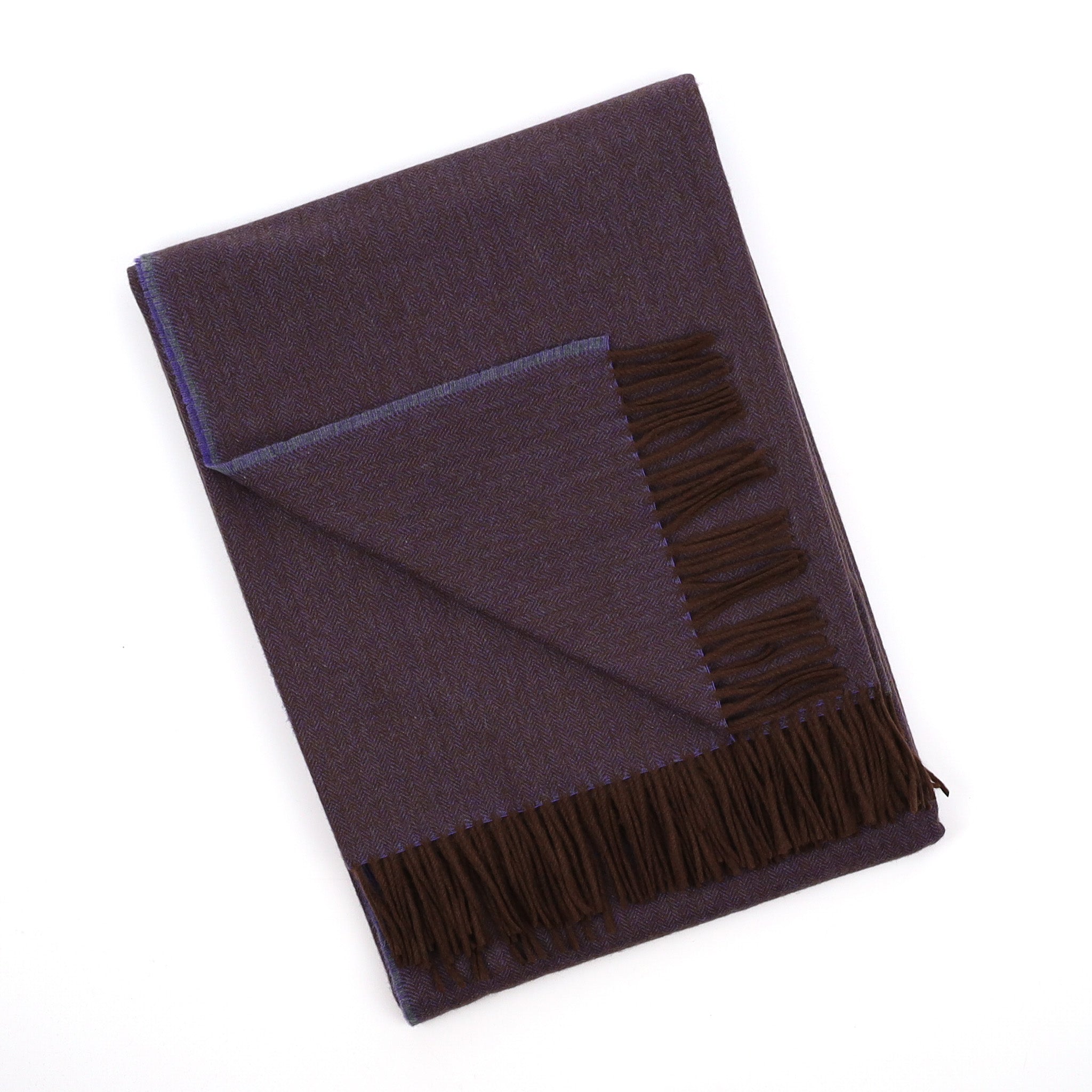 Brand New English Bluebell Purple and Chocolate Brown Herringbone Luxury Woven Cashmere Blanket