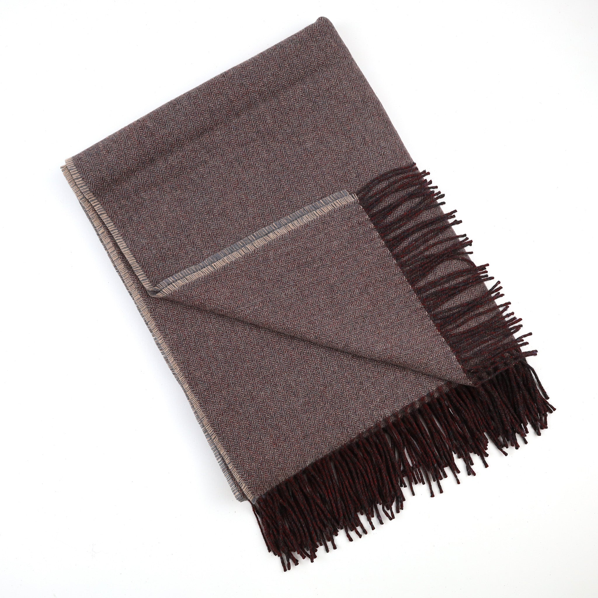 Brand New English Stone Grey Beige and Cedar Brown Herringbone Luxury Woven Cashmere Blanket