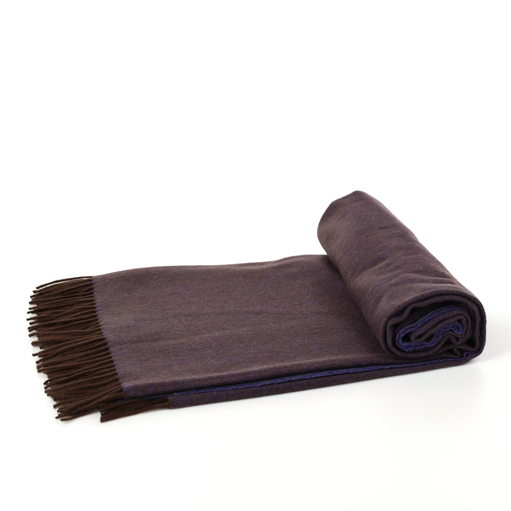 Brand New English Bluebell Purple and Chocolate Brown Herringbone Luxury Woven Cashmere Blanket