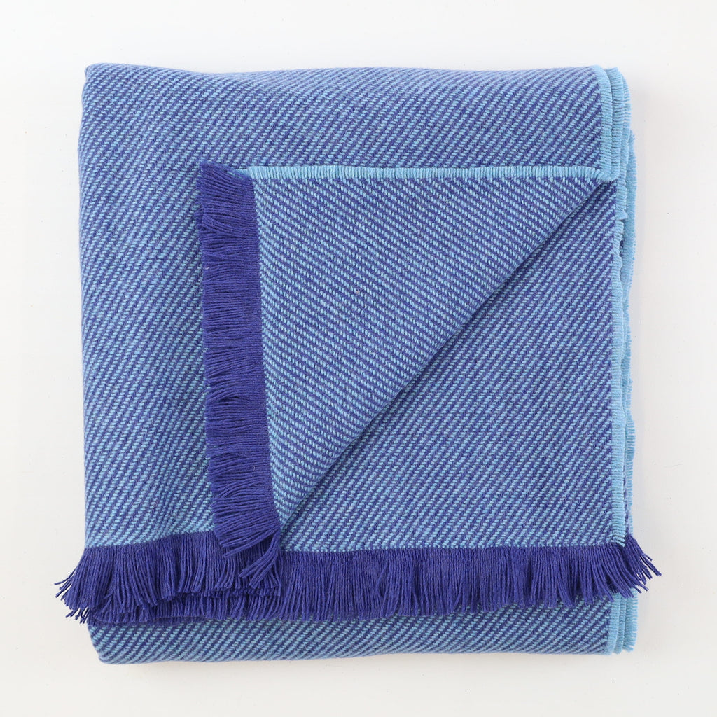 Brand New English Royal Blue and Aqua Stripe Luxury Woven Cashmere Blanket