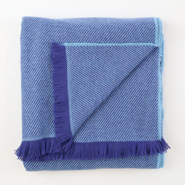 Brand New English Royal Blue and Aqua Stripe Luxury Woven Cashmere Blanket