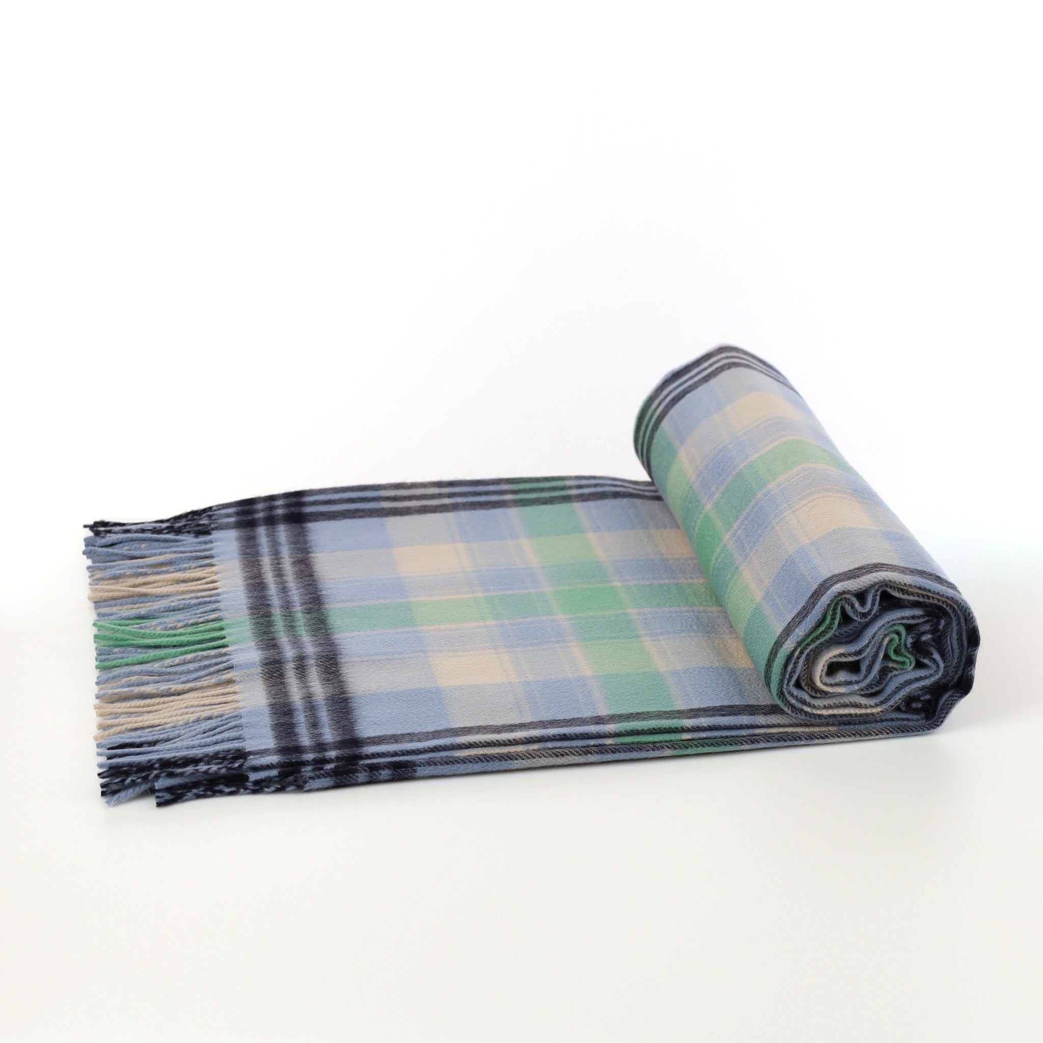 Brand New English Pastel Blue and Green Checked Luxury Woven Cashmere Blanket