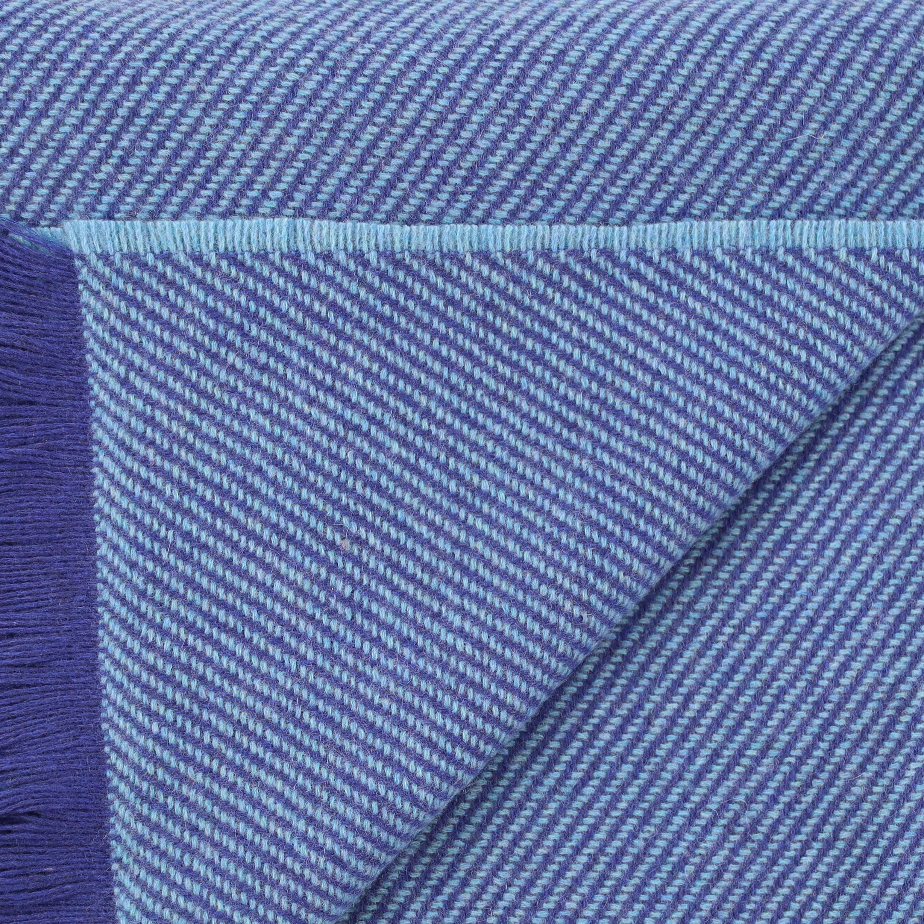 Brand New English Royal Blue and Aqua Stripe Luxury Woven Cashmere Blanket