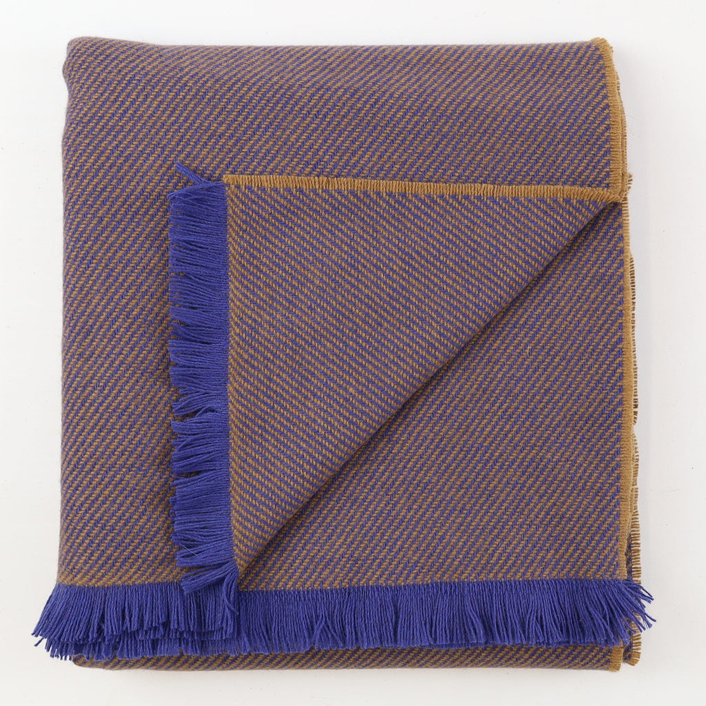 Brand New English Royal Blue and Toffee Stripe Luxury Woven Cashmere Blanket