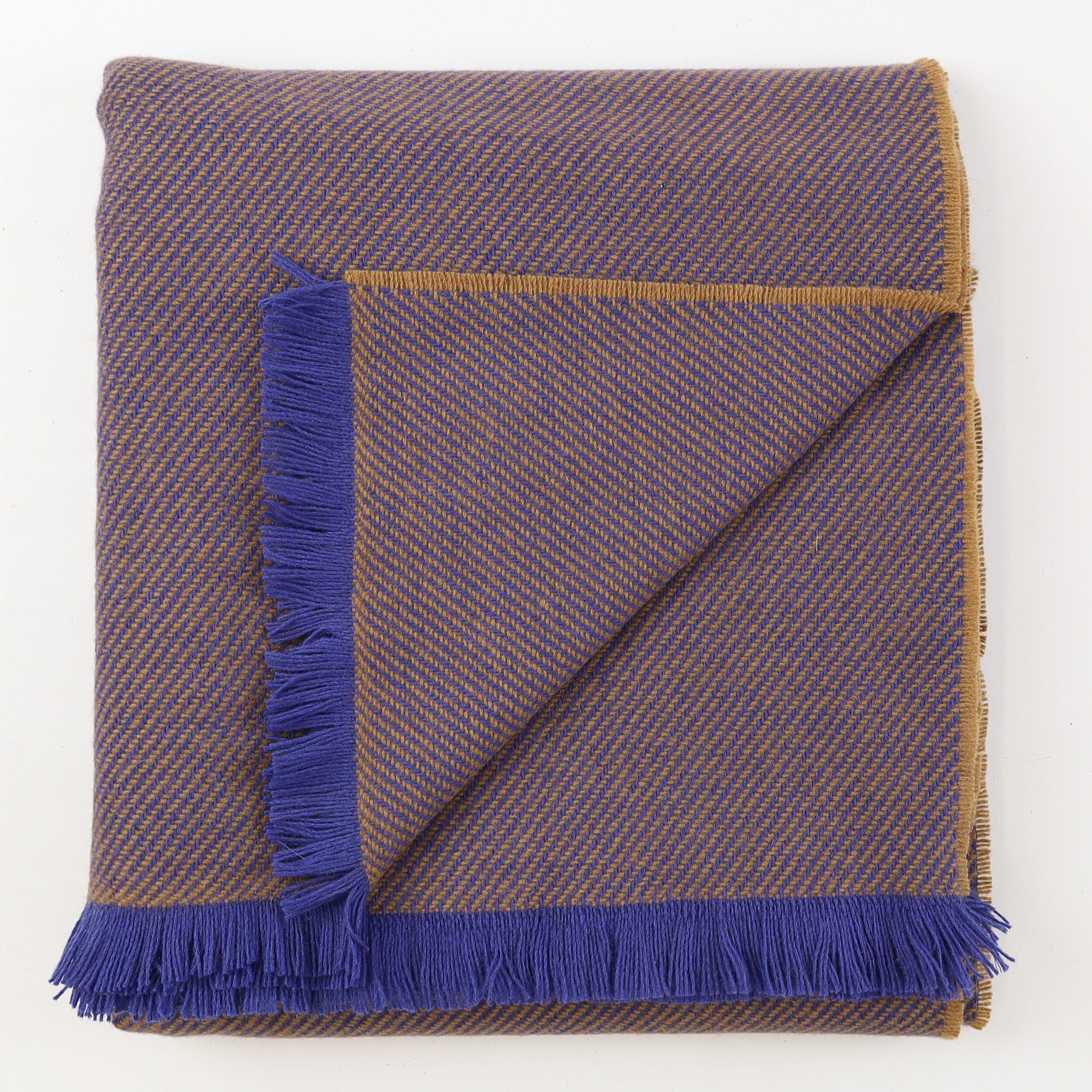 Brand New English Royal Blue and Toffee Stripe Luxury Woven Cashmere Blanket