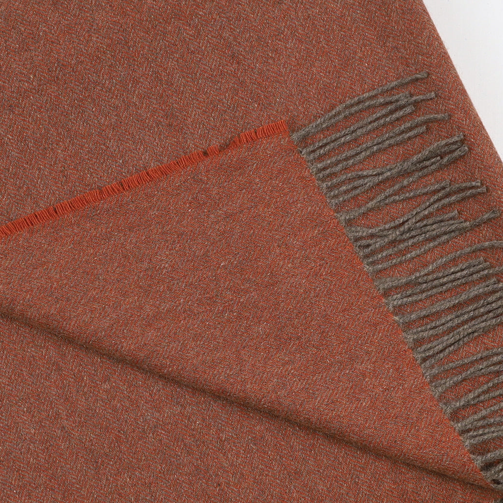 Brand New English Burnt Orange and Mocha Herringbone Luxury Woven Cashmere Blanket