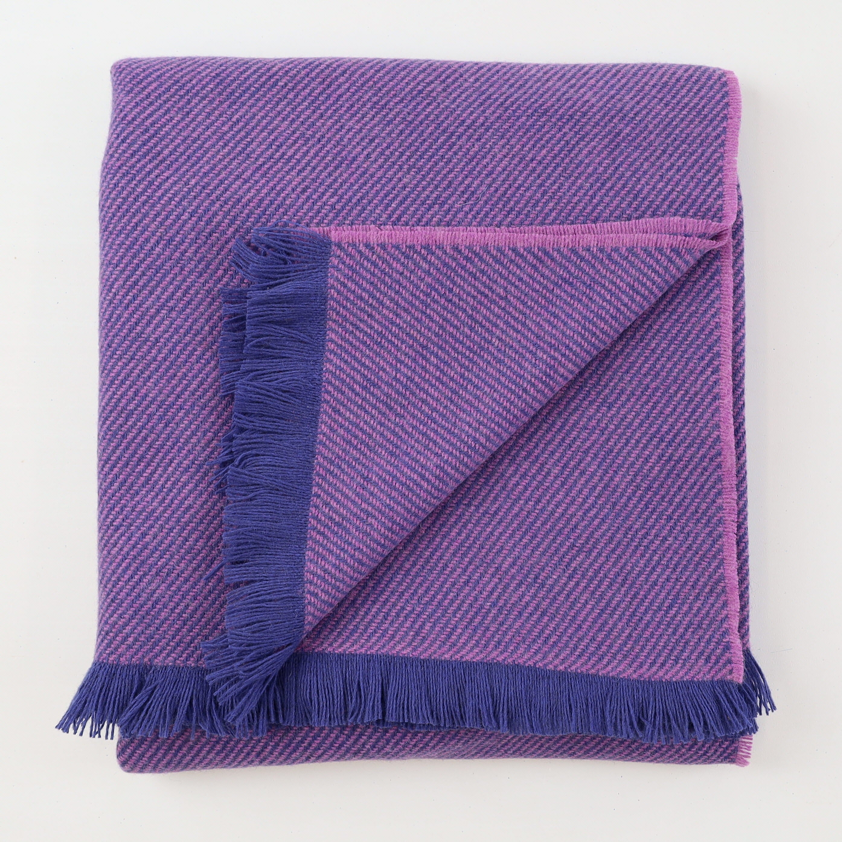 Brand New English Royal Blue and Wisteria Stripe Luxury Woven Cashmere Blanket