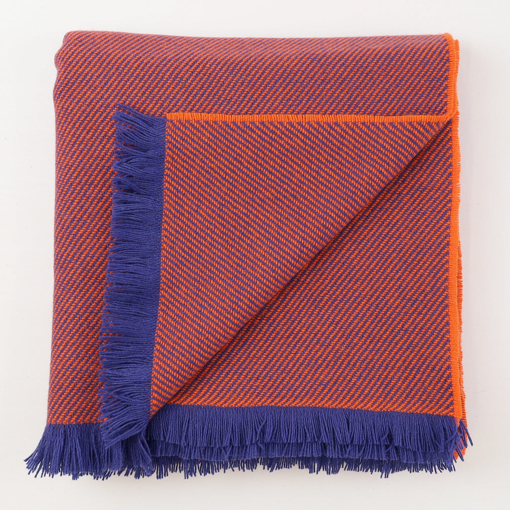 Brand New English Royal Blue and Tangerine Stripe Luxury Woven Cashmere Blanket