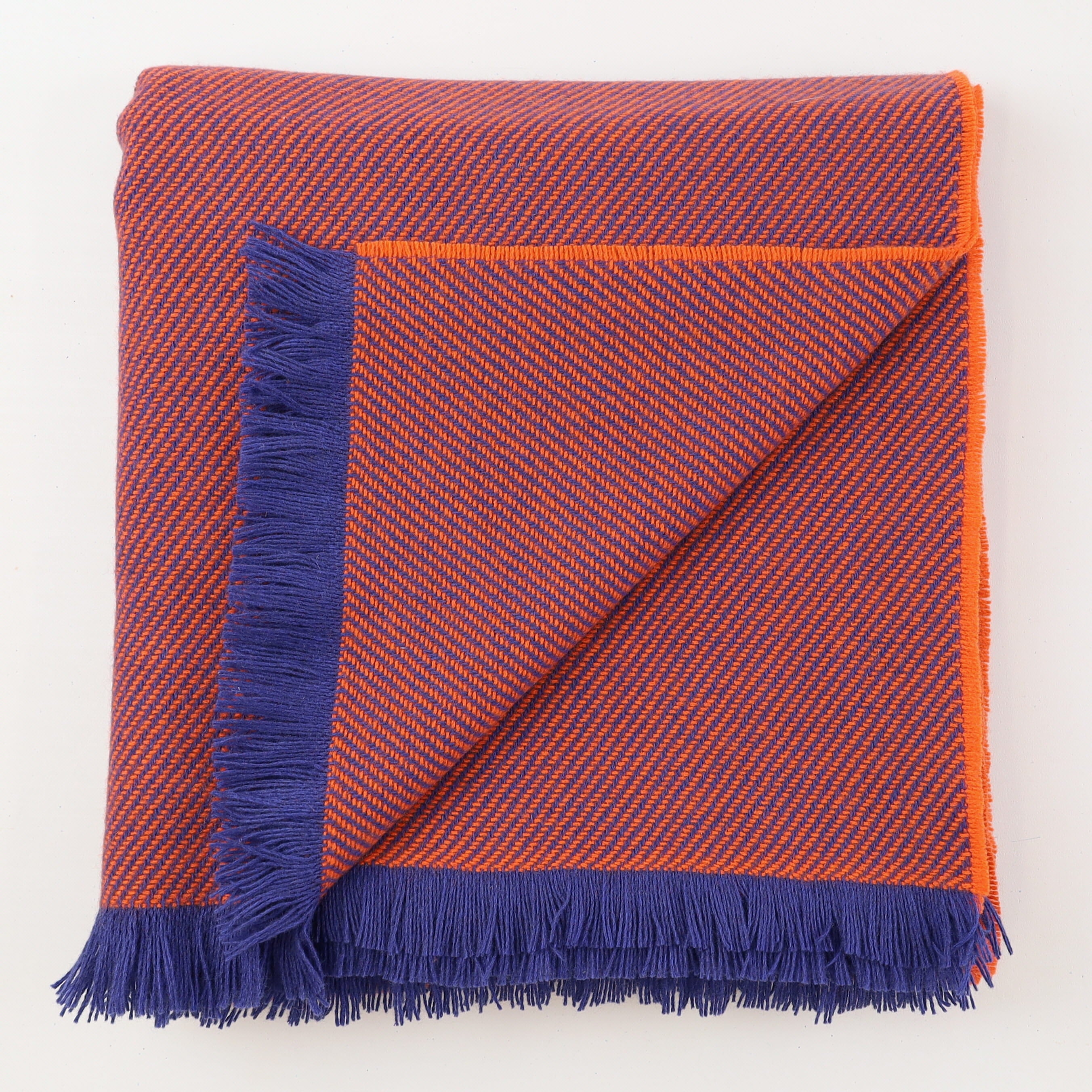 Brand New English Royal Blue and Tangerine Stripe Luxury Woven Cashmere Blanket