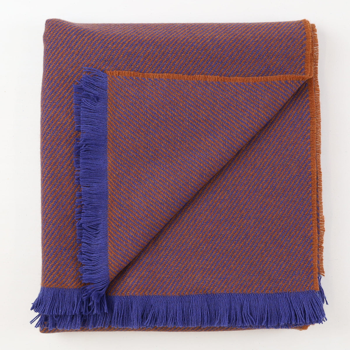 Brand New English Royal Blue and Cinnamon Stripe Luxury Woven Cashmere Blanket
