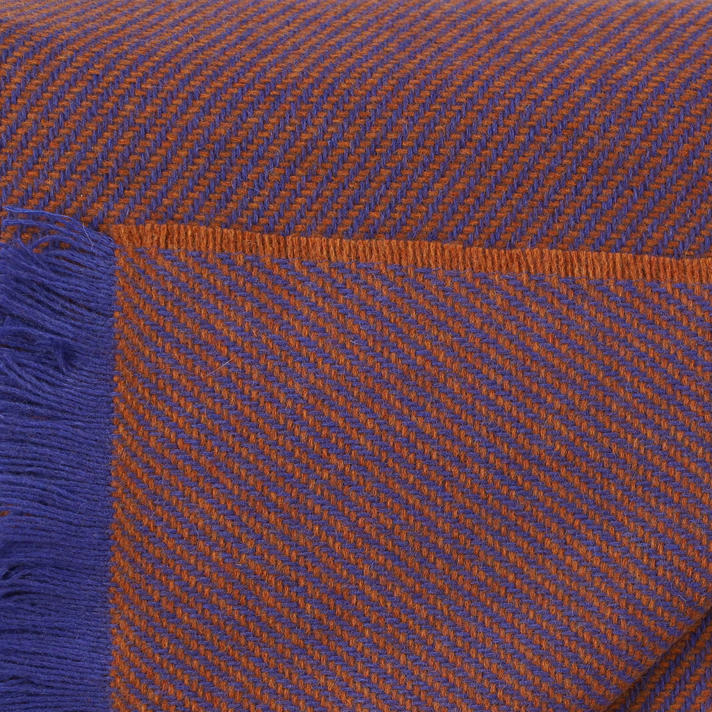Brand New English Royal Blue and Cinnamon Stripe Luxury Woven Cashmere Blanket