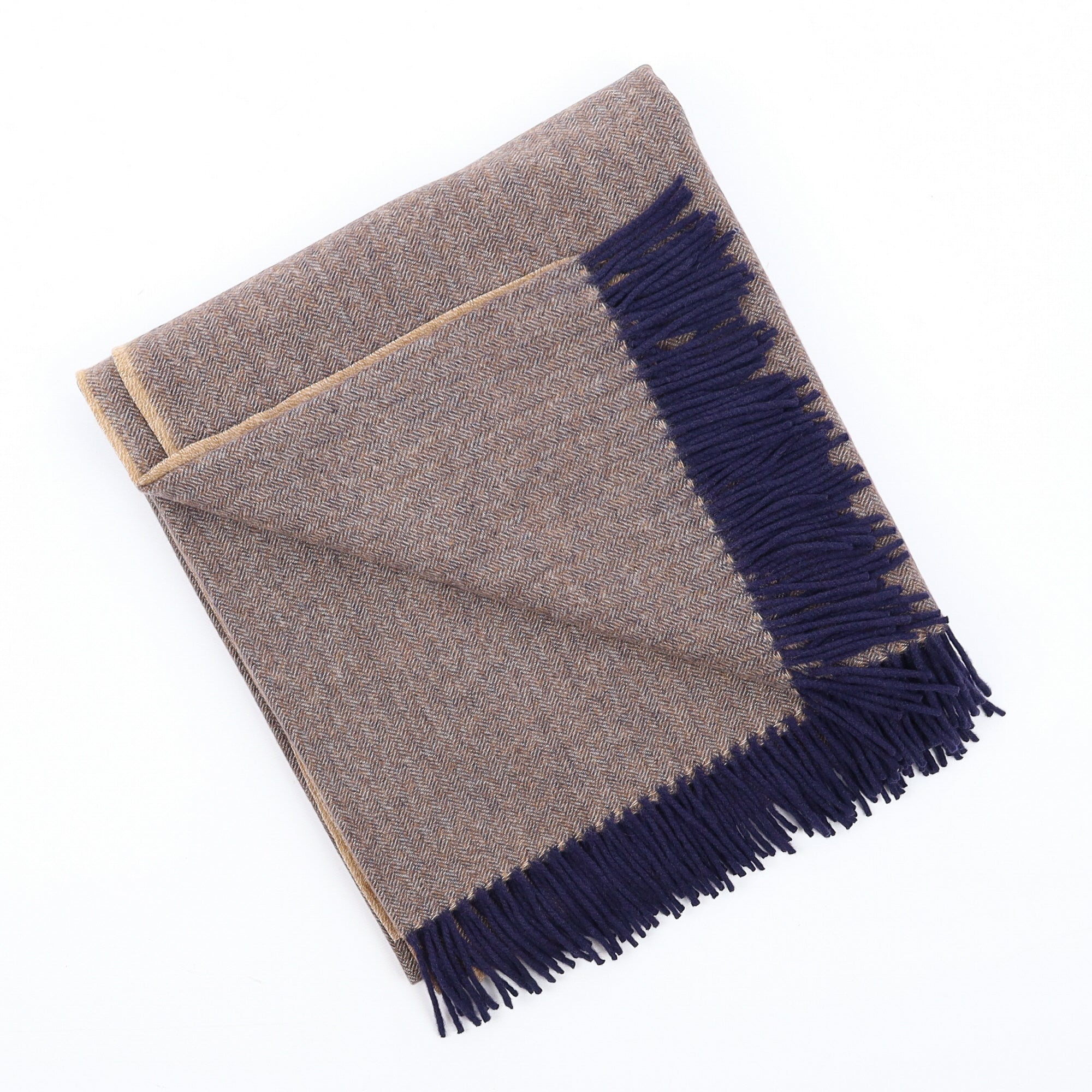 Brand New English Caramel and Navy Herringbone Luxury Woven Cashmere Blanket