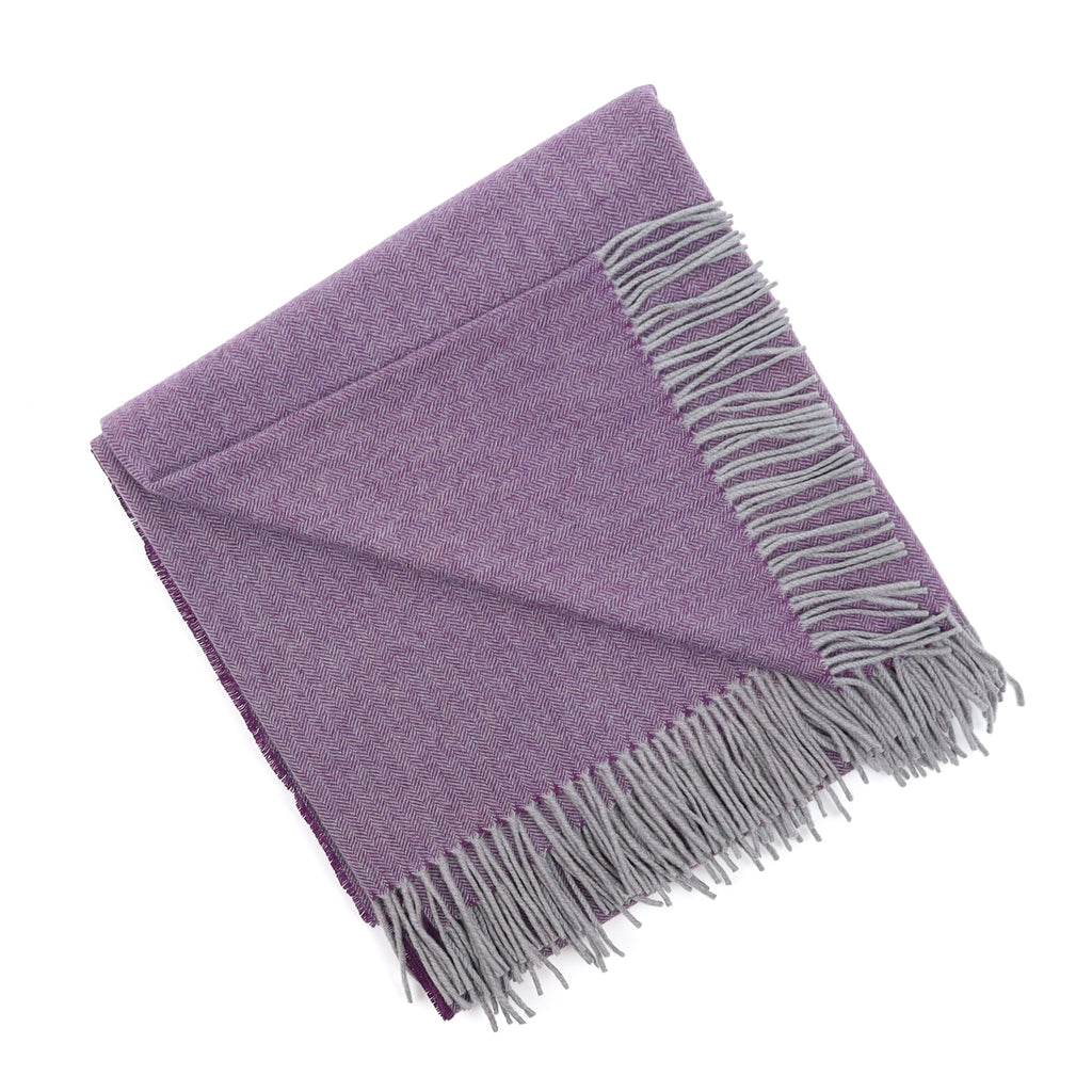 Brand New English Blueberry Purple and Grey Herringbone Luxury Woven Cashmere Blanket