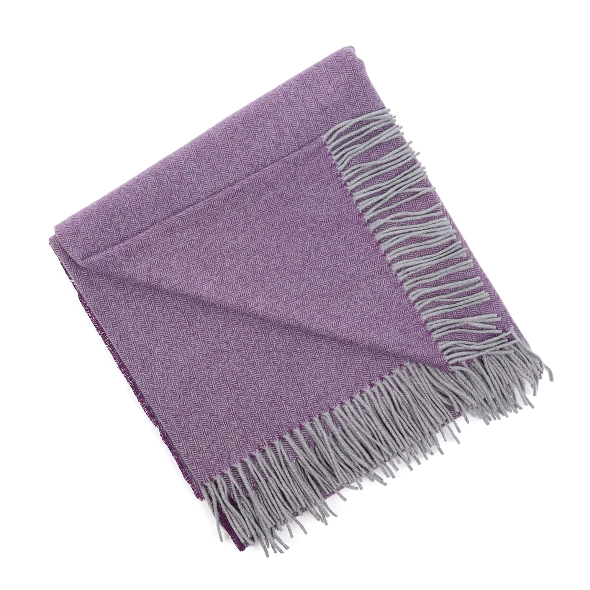 Brand New English Blueberry Purple and Grey Herringbone Luxury Woven Cashmere Blanket