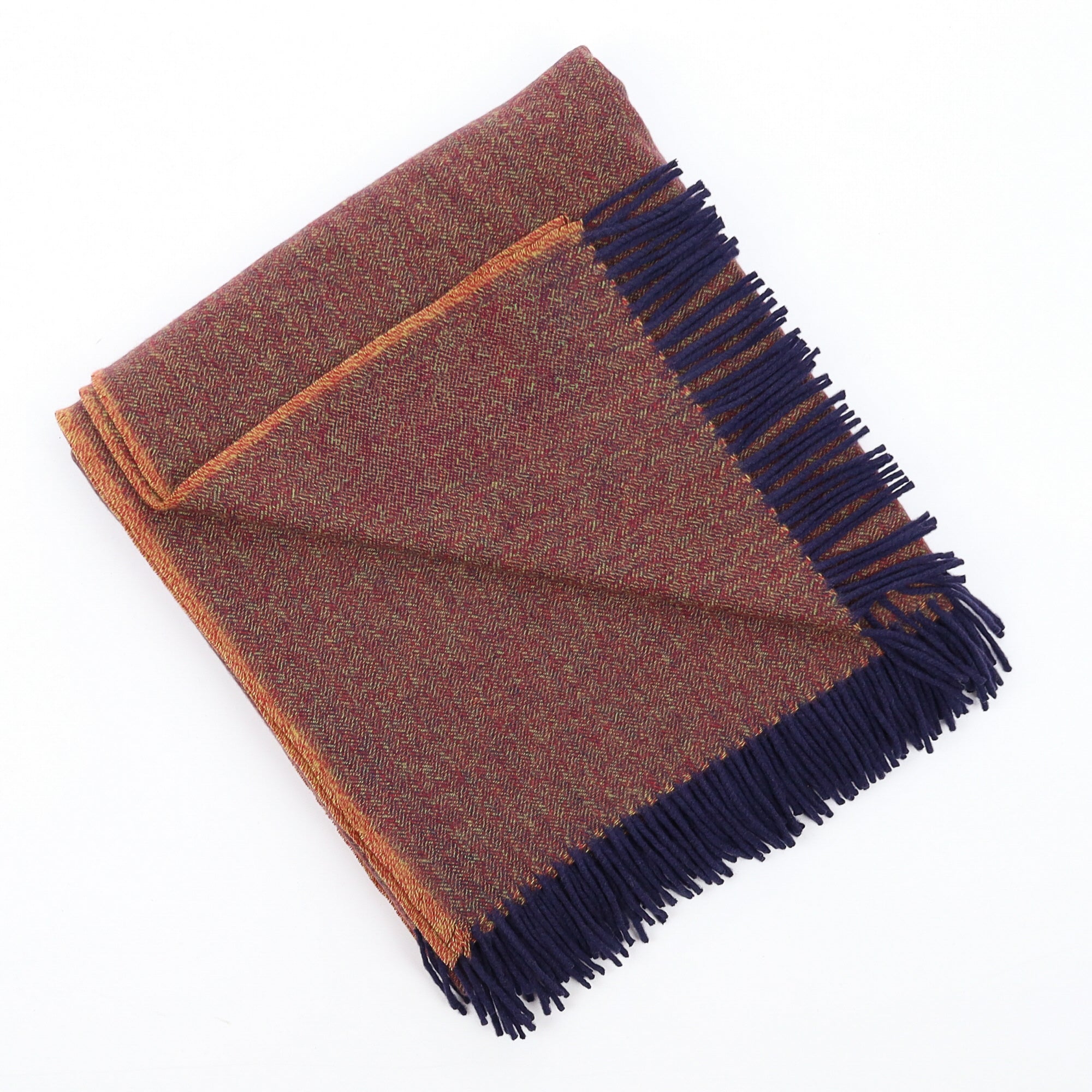 Brand New English Paprika and Navy Herringbone Luxury Woven Cashmere Blanket