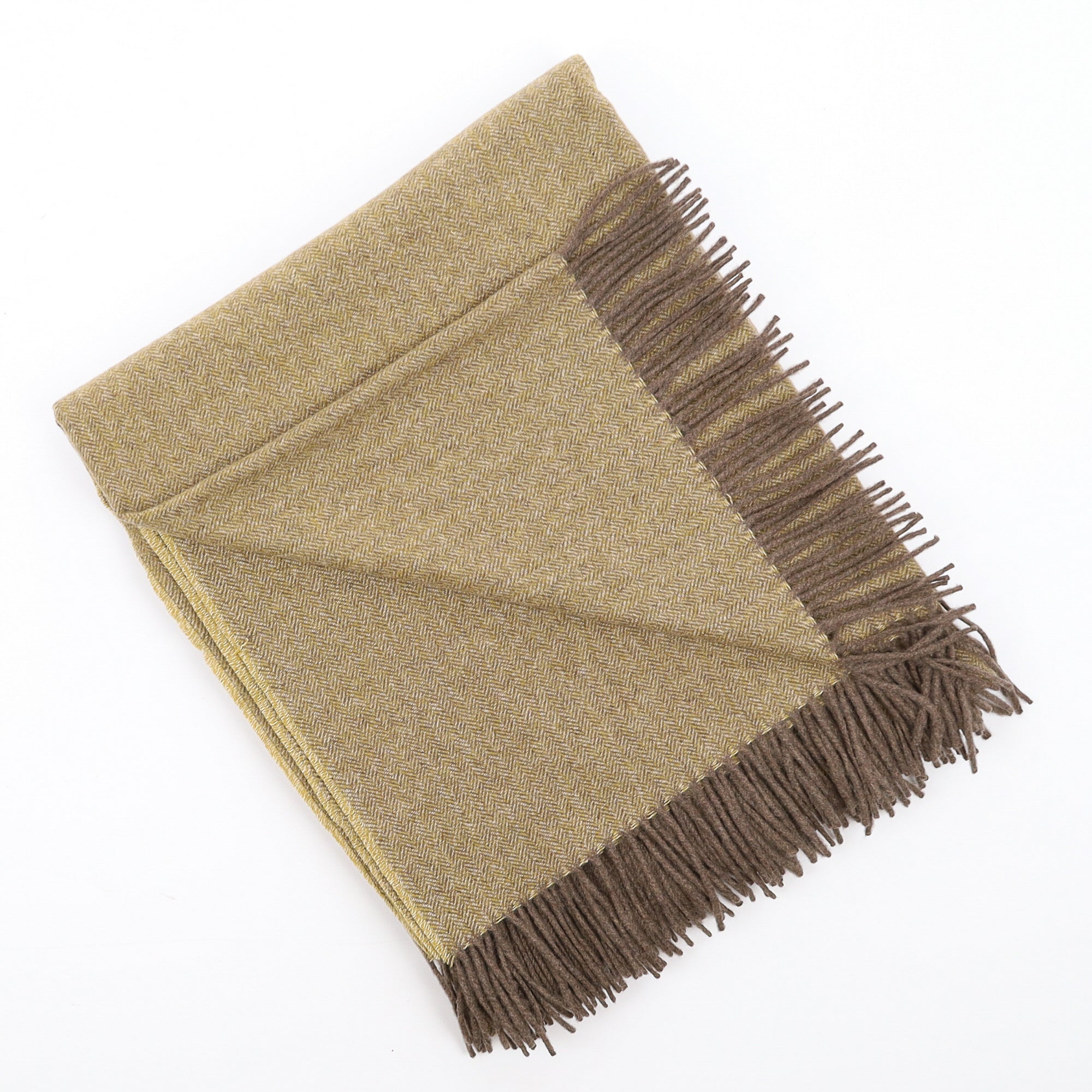 Brand New English Golden Olive and Mocha Herringbone Luxury Woven Cashmere Blanket