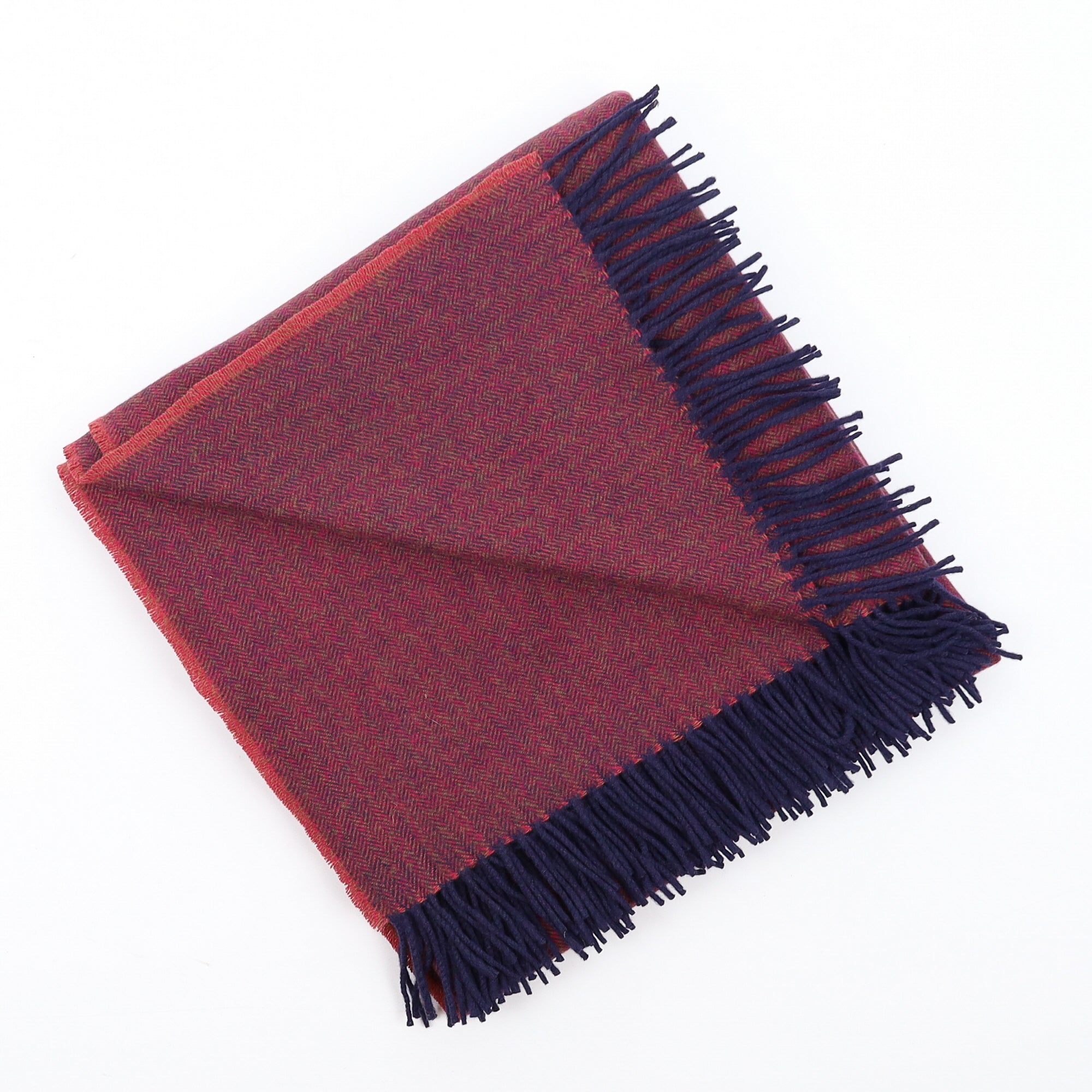 Brand New English Cherry Pink and Navy Herringbone Luxury Woven Cashmere Blanket