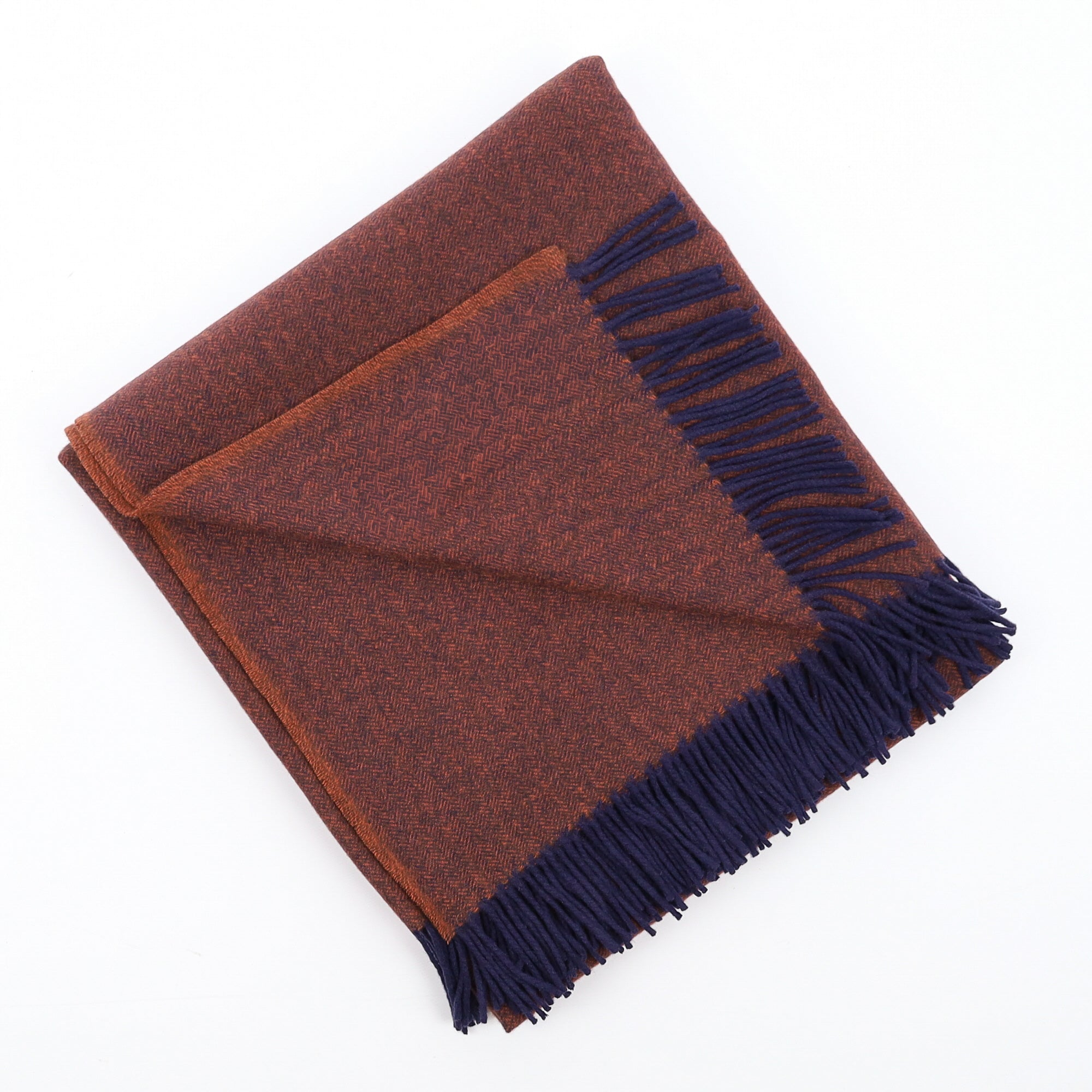 Brand New English Rust Orange and Navy Herringbone Luxury Woven Cashmere Blanket