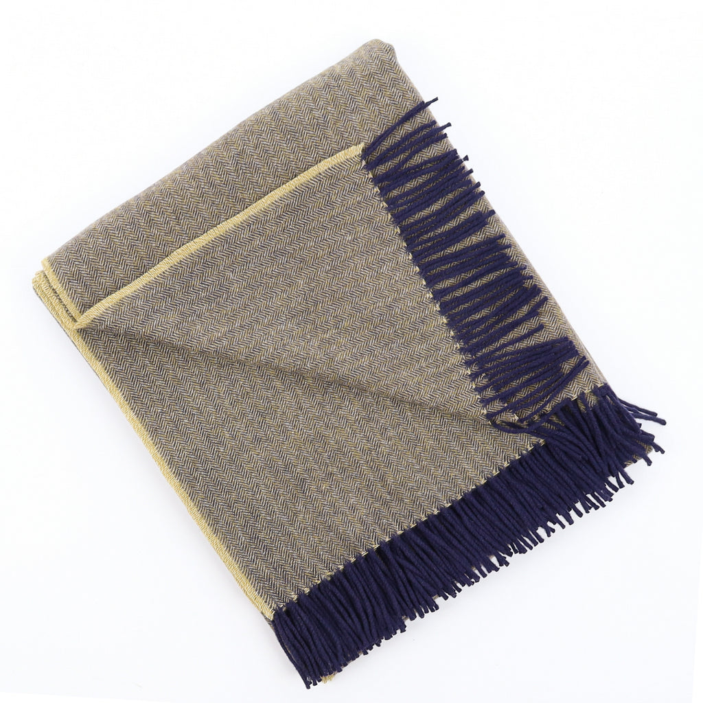 Brand New English Golden Olive and Navy Herringbone Luxury Woven Cashmere Blanket