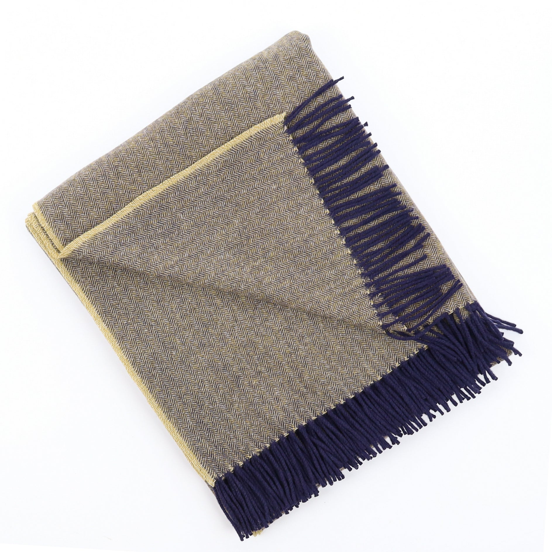 Brand New English Golden Olive and Navy Herringbone Luxury Woven Cashmere Blanket