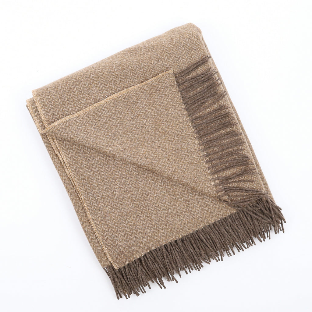 Brand New English Ermine Brown Herringbone Luxury Woven Cashmere Blanket